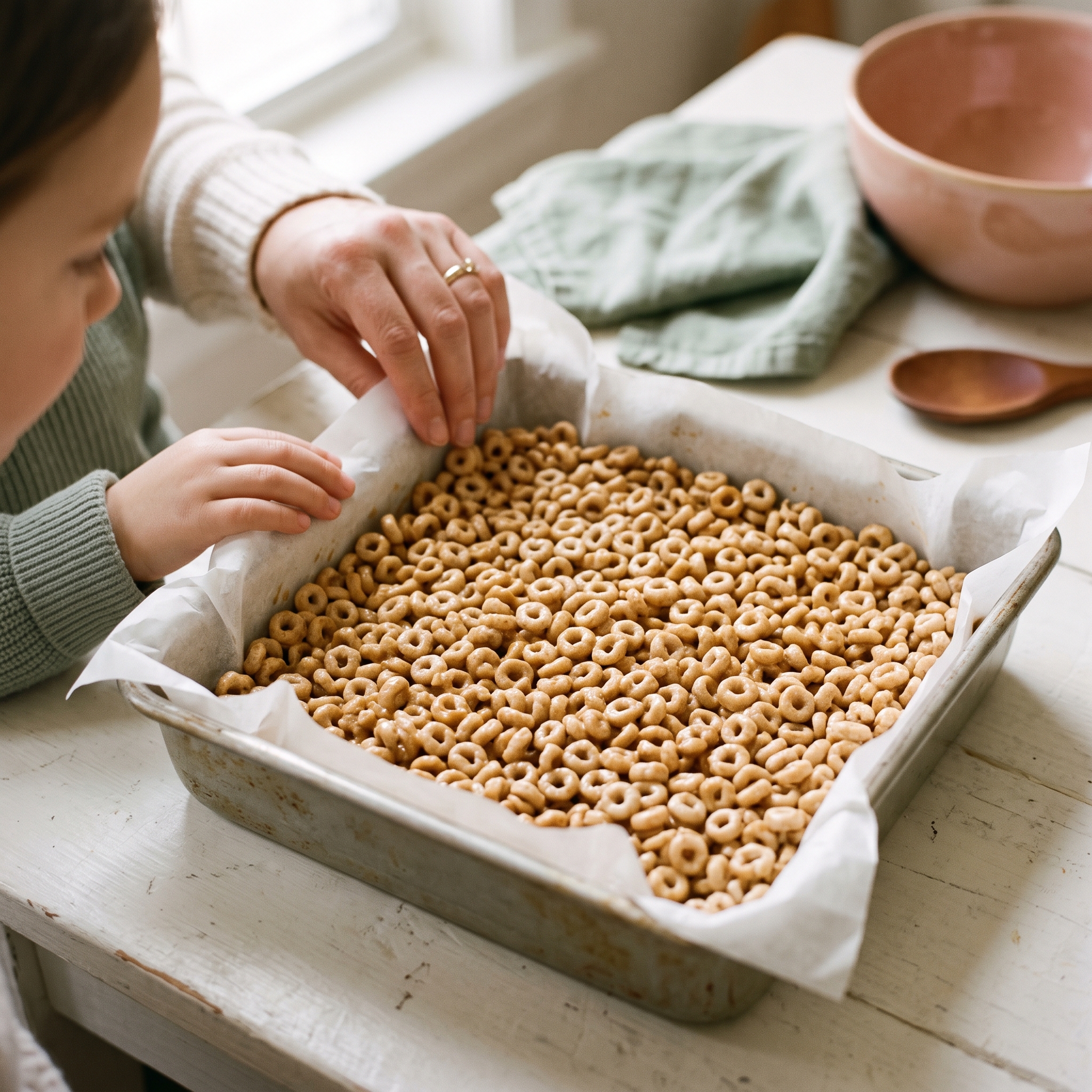 Pressed Honey Nut Cheerios mixture in parchment-lined baking pan showing texture and golden color
