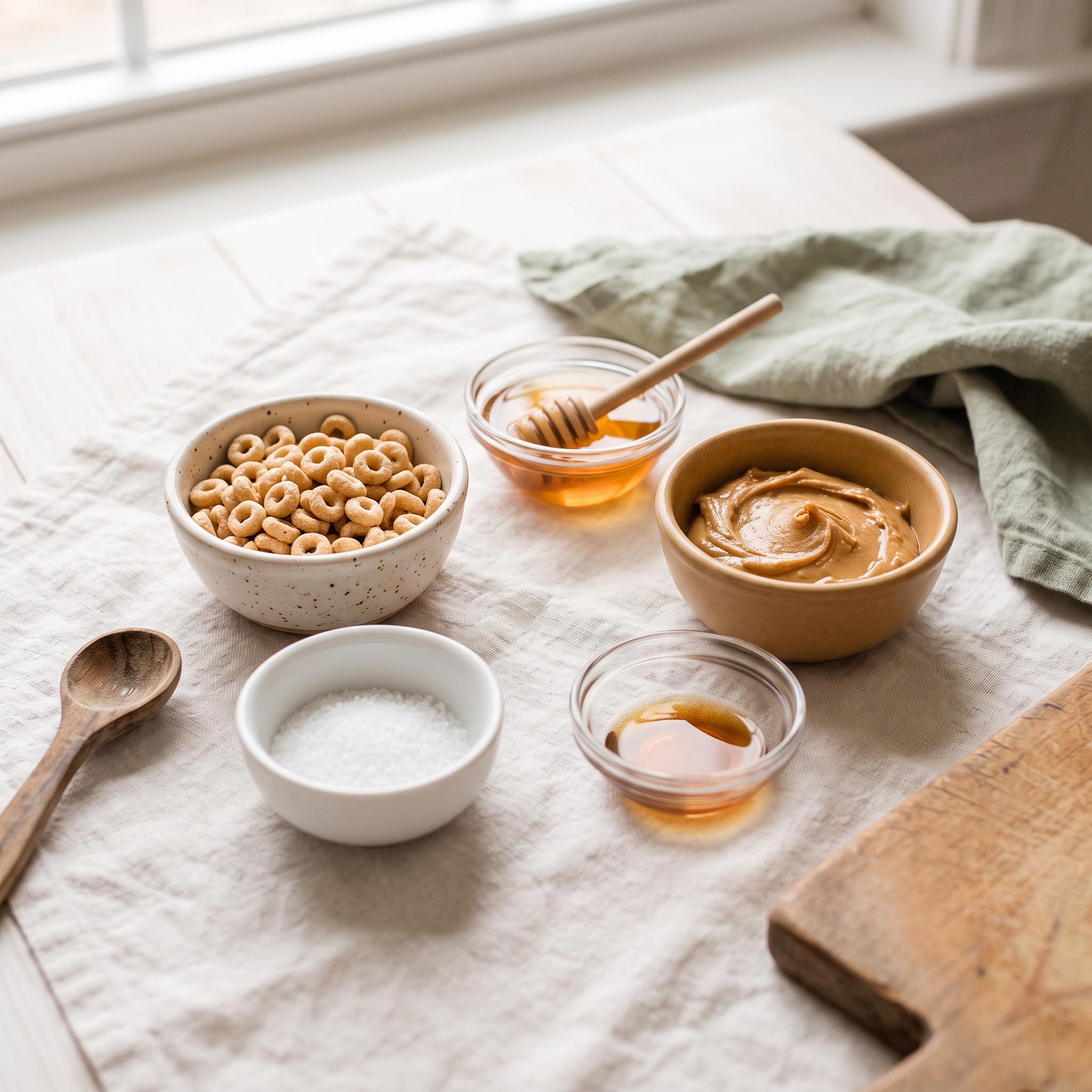 Five measured ingredients in small bowls: Honey Nut Cheerios, peanut butter, honey, vanilla, and salt on white surface