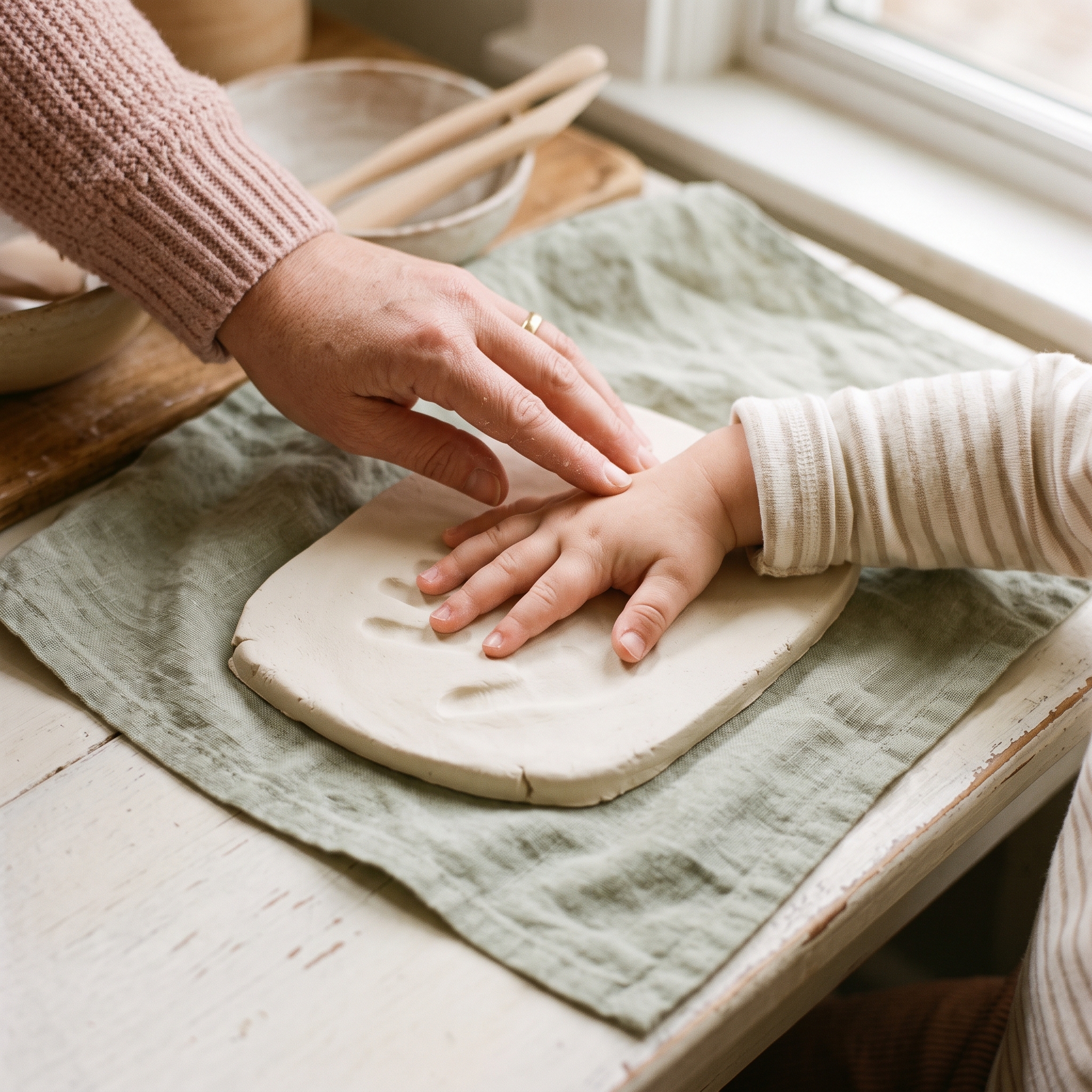 Child's small hand being gently pressed into soft pale clay slab, creating a clear handprint impression with visible finger