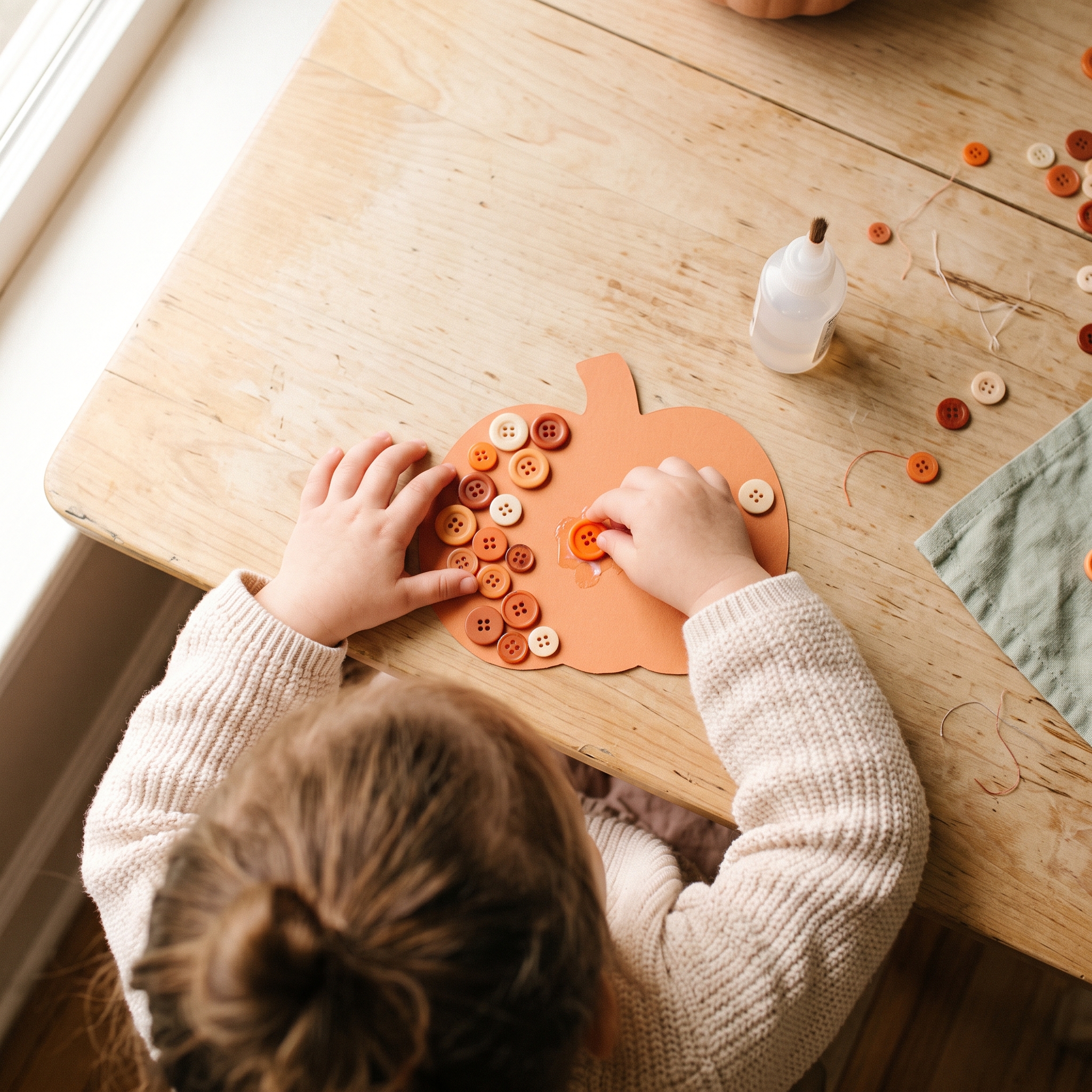 Child's hands pressing orange buttons onto pumpkin-shaped cardstock with tacky glue