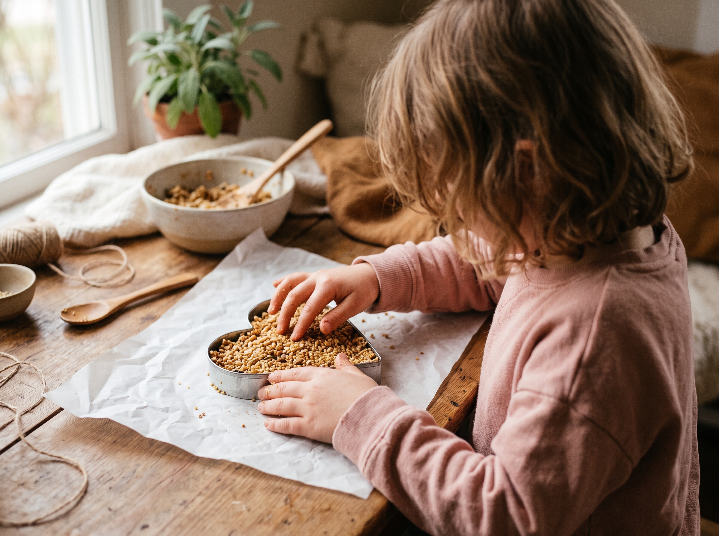 Child's hands pressing birdseed mixture into a heart-shaped cookie cutter mold on parchment paper