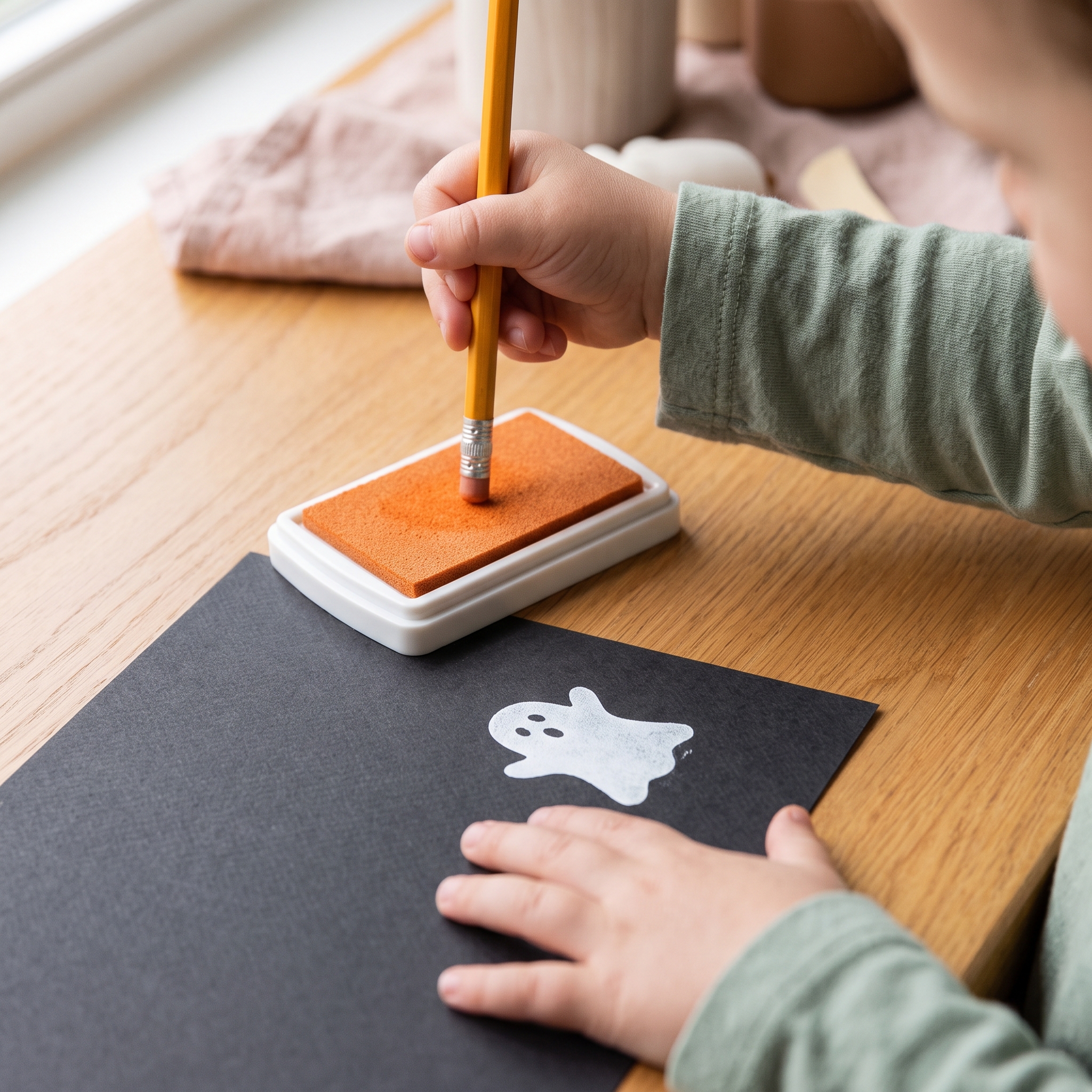 Child's hands pressing pencil eraser onto orange ink pad to stamp ghost shapes onto black cardstock