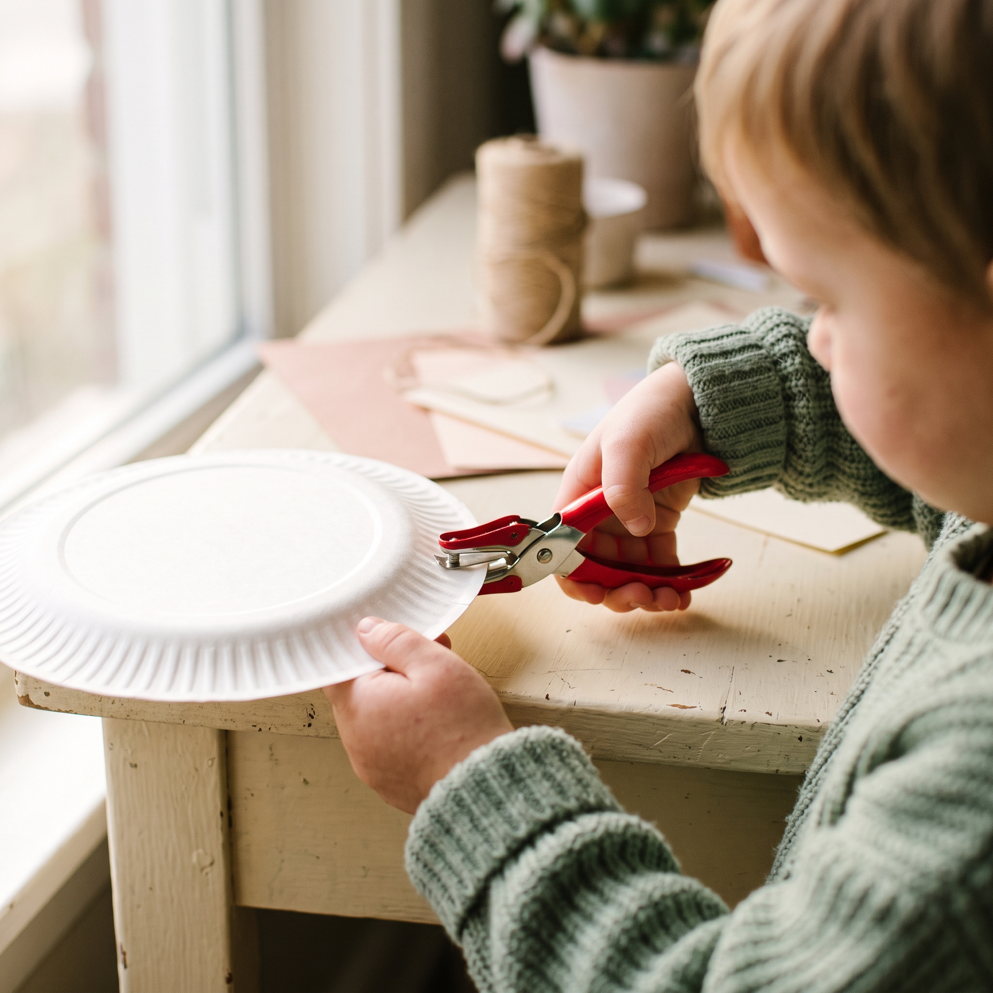 Small child hands using a red hole punch on the edge of a white paper plate for the spider web activity