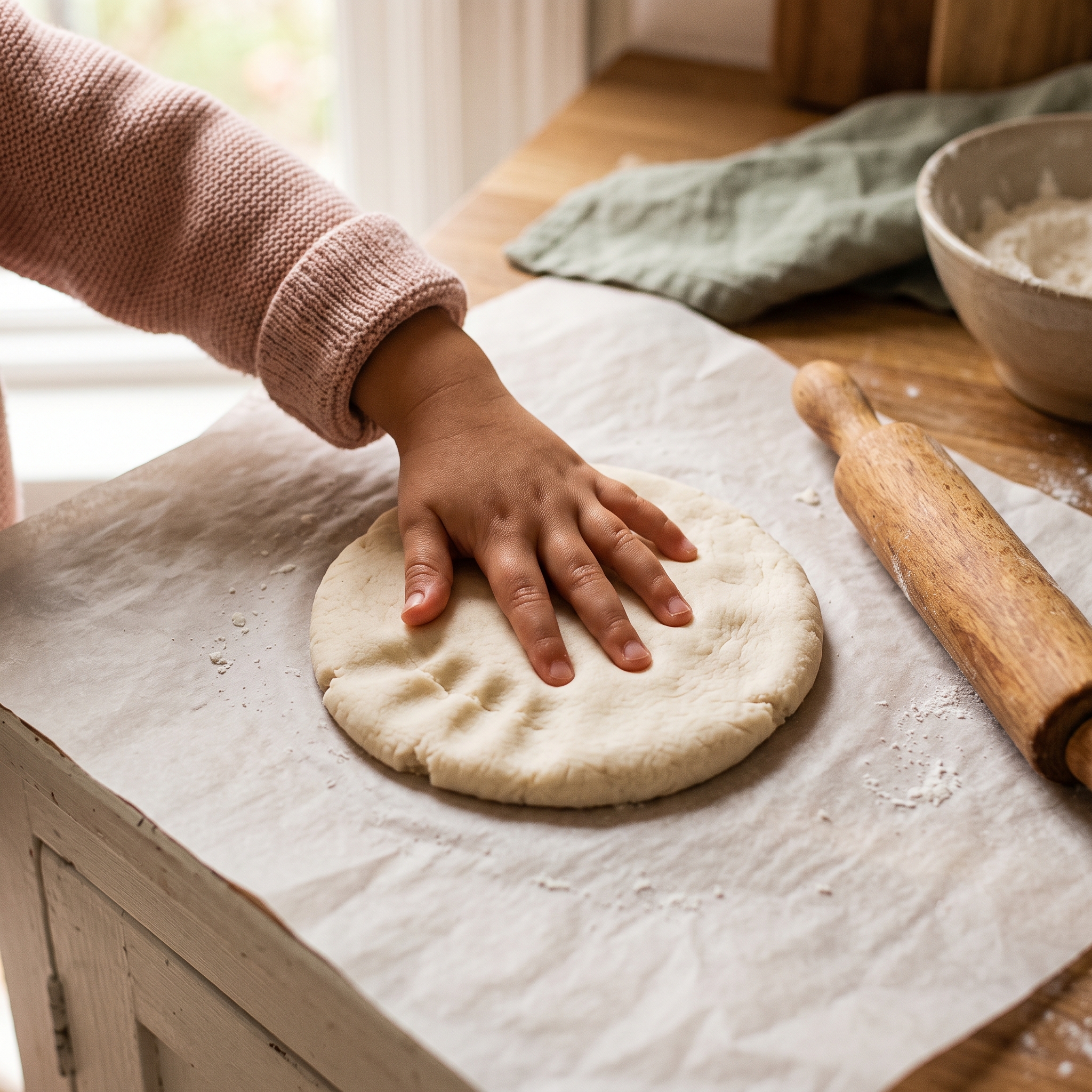 Child's hand pressing into white salt dough on parchment paper to create handprint snowman shape