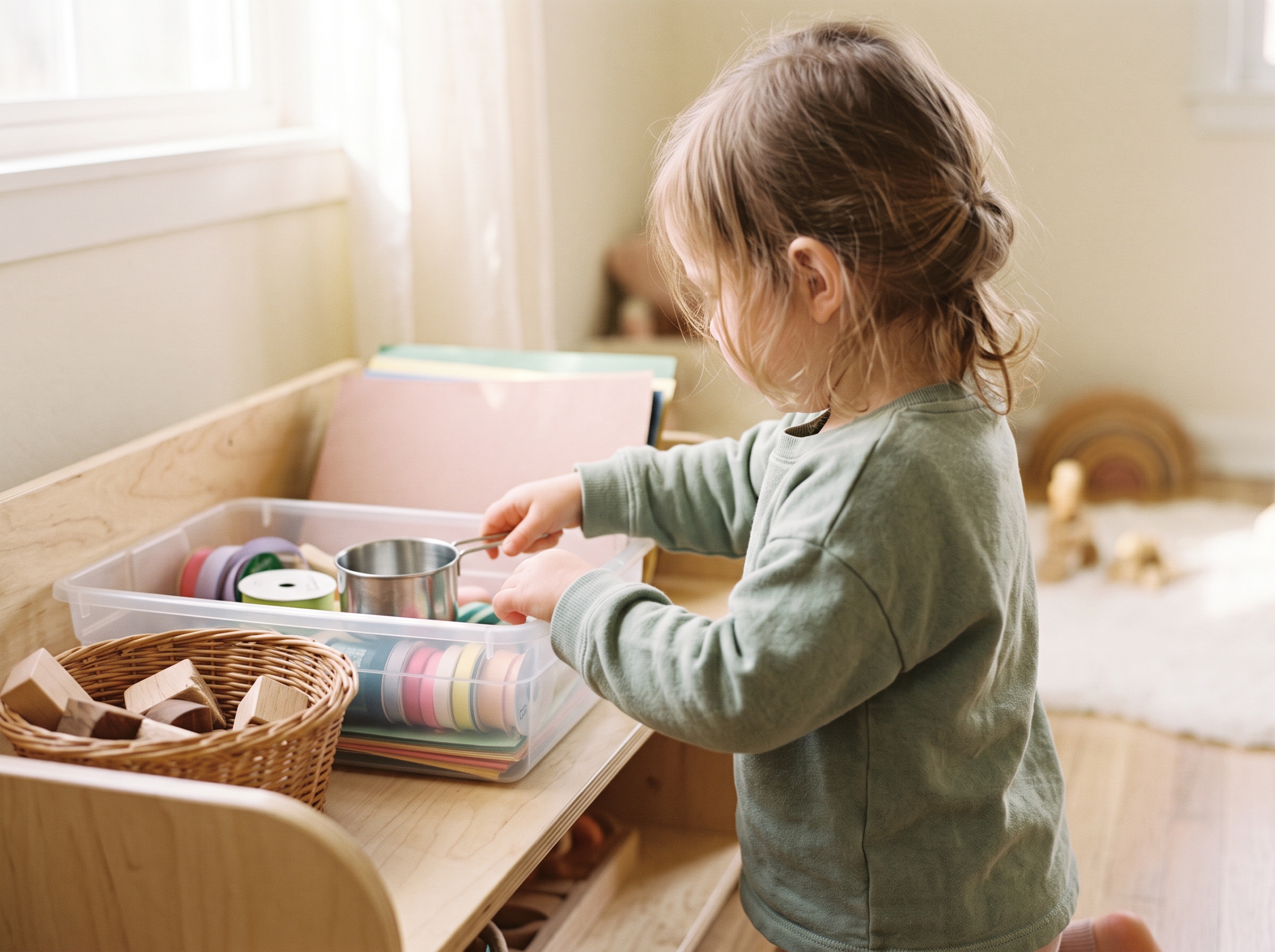 Child's hands reaching toward a low wooden shelf to independently grab a sensory activity bin filled with craft supplies