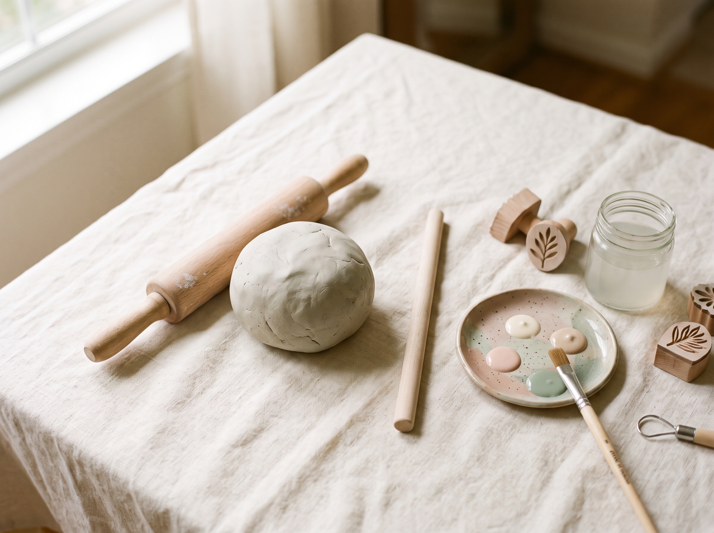 Craft materials laid out for clay handprint project: air-dry clay, rolling pin, wooden dowel, paint palette