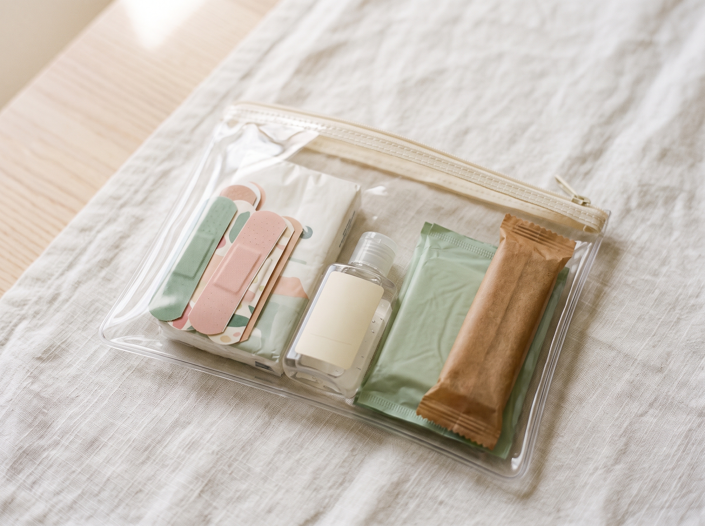 Clear mesh zippered pouch containing bandages, tissues, hand sanitizer, and small first-aid items on soft neutral background
