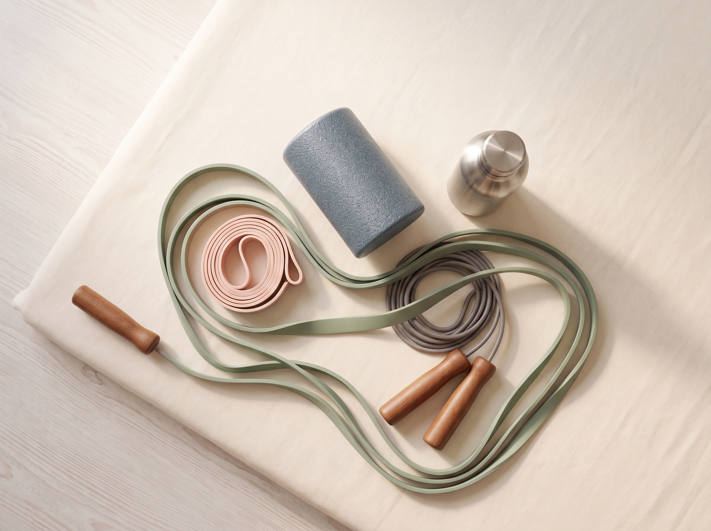Compact foam roller, resistance bands, jump rope, and small water bottle arranged on a neutral background