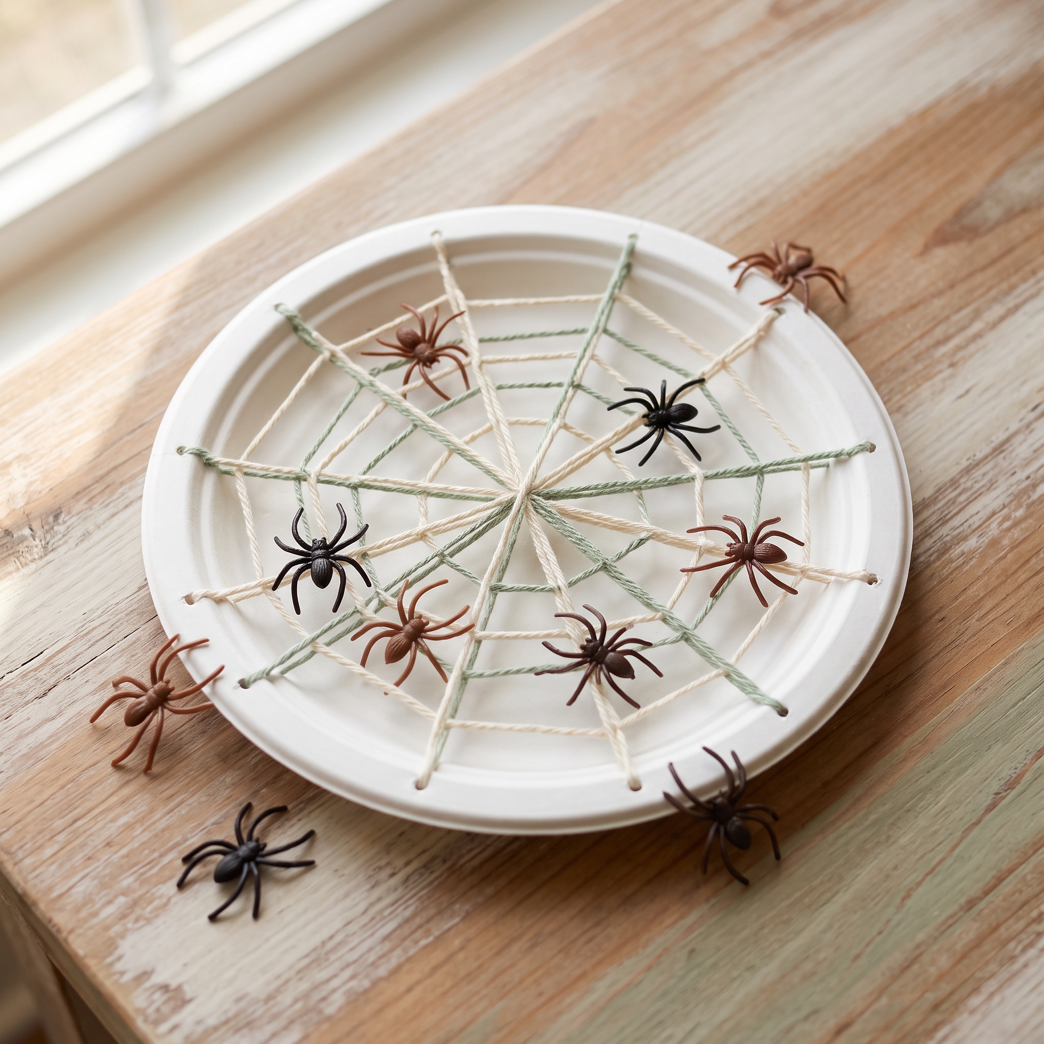 Finished paper plate spider web with cream yarn laced through holes and small plastic spider rings placed on the web