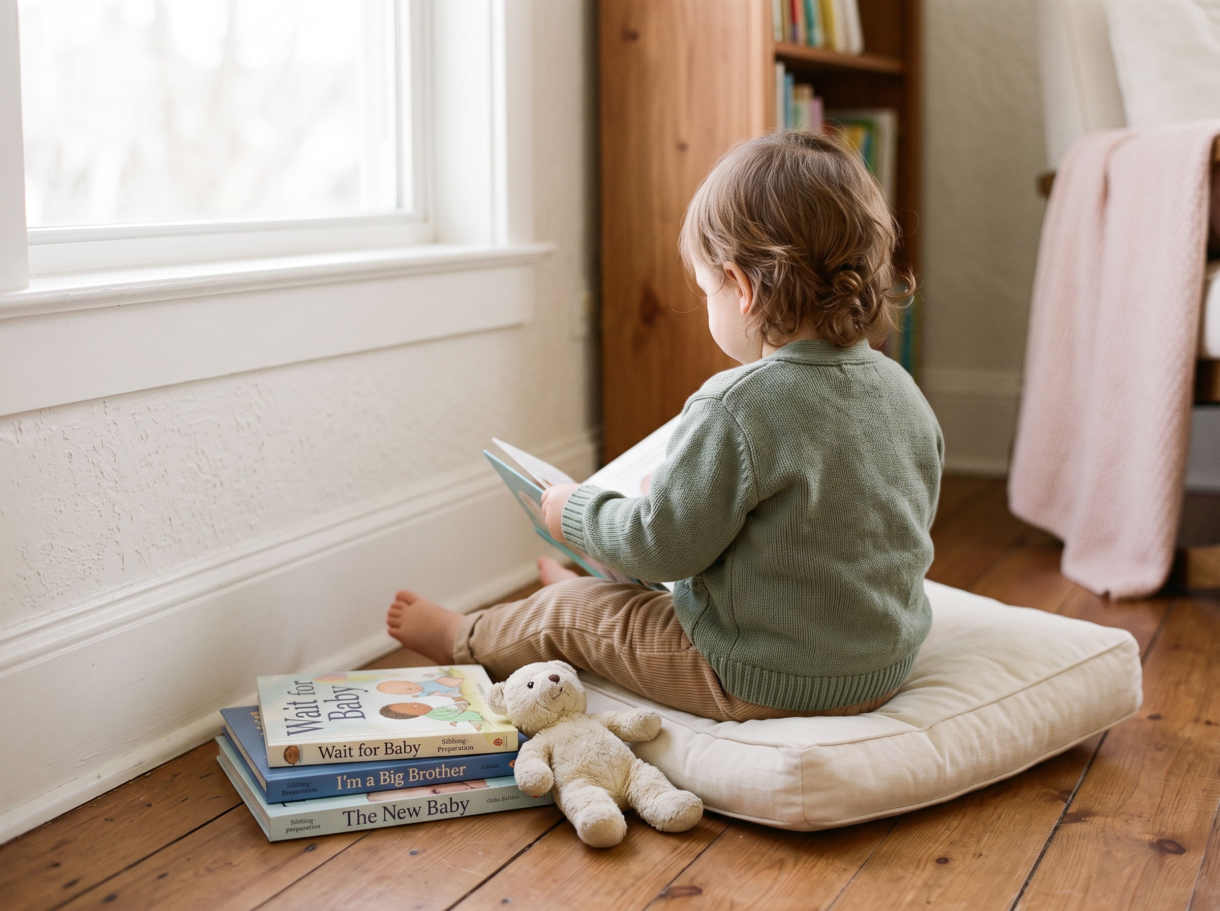 Child sitting from behind in a cozy reading corner with a stack of picture books and soft cushions in warm natural light