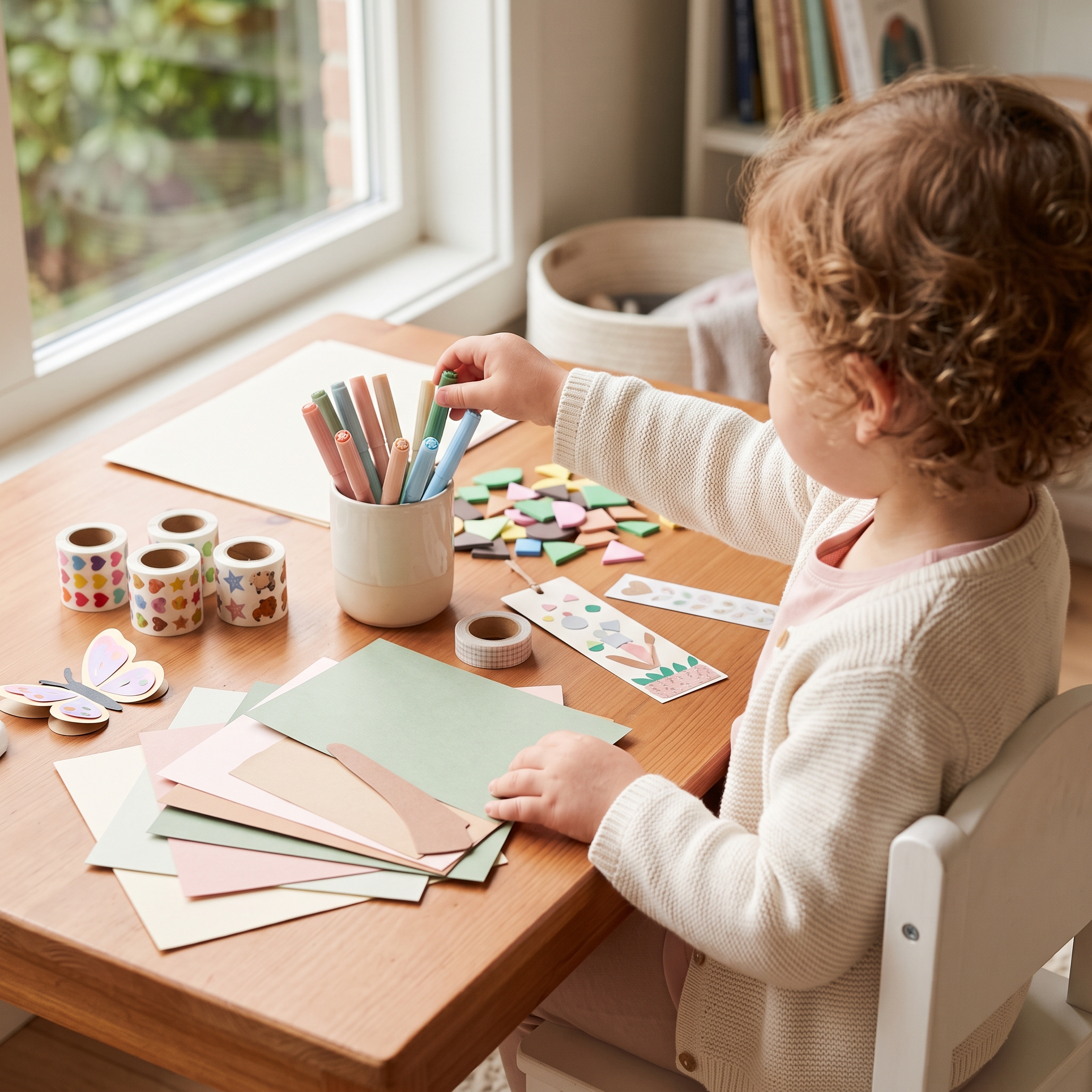 A craft activity table with markers, stickers, paper, and small decorative items ready for children to create