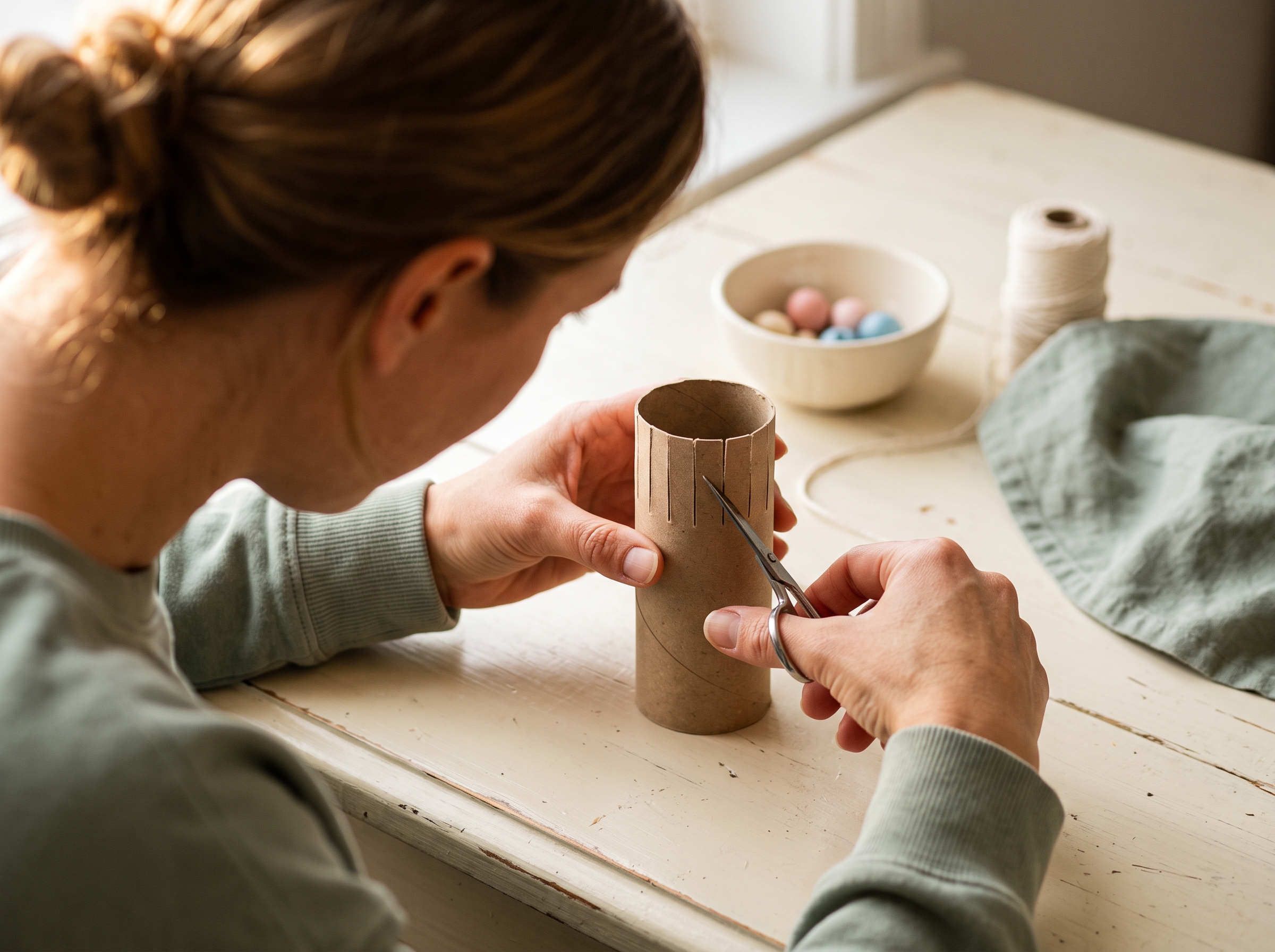 Adult hands using sharp scissors to cut thin fringe slits into the end of an empty toilet paper roll