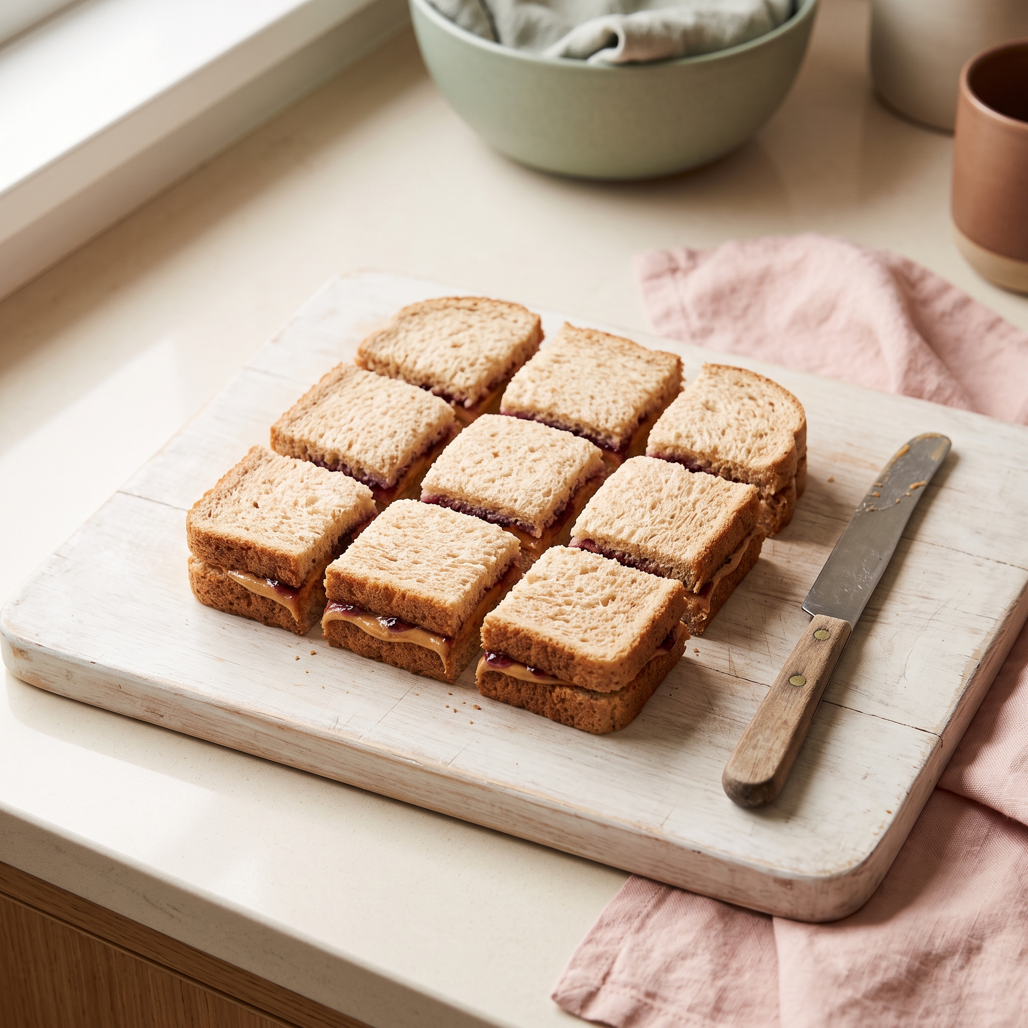 Peanut butter and jelly sandwich cut into nine small squares on a white cutting board