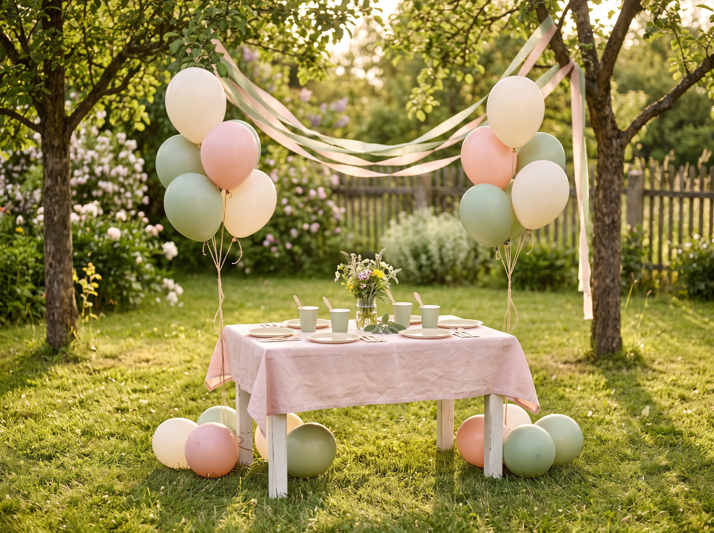 A decorated outdoor backyard space with balloons, streamers, and a small table set for a children's party