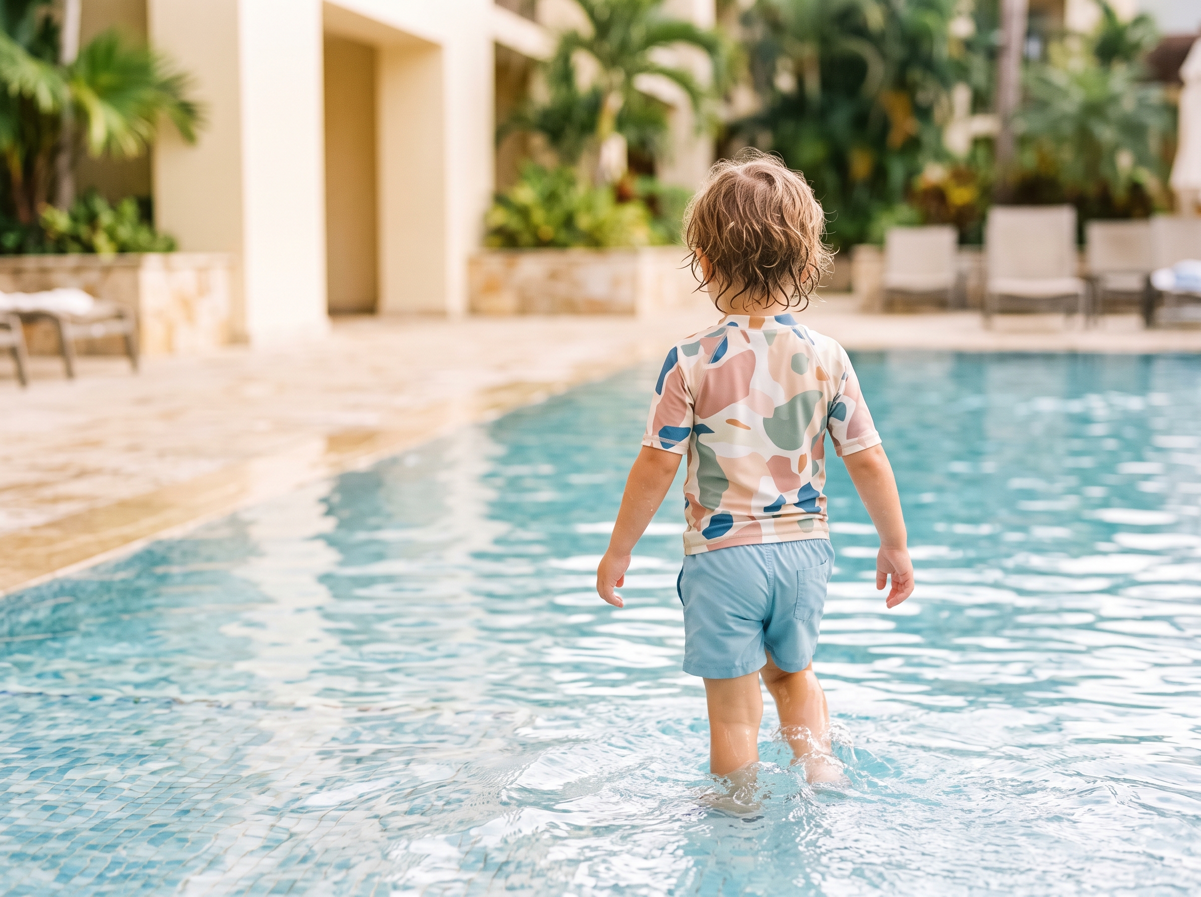 Child from behind in the shallow end of a bright hotel pool on a sunny afternoon