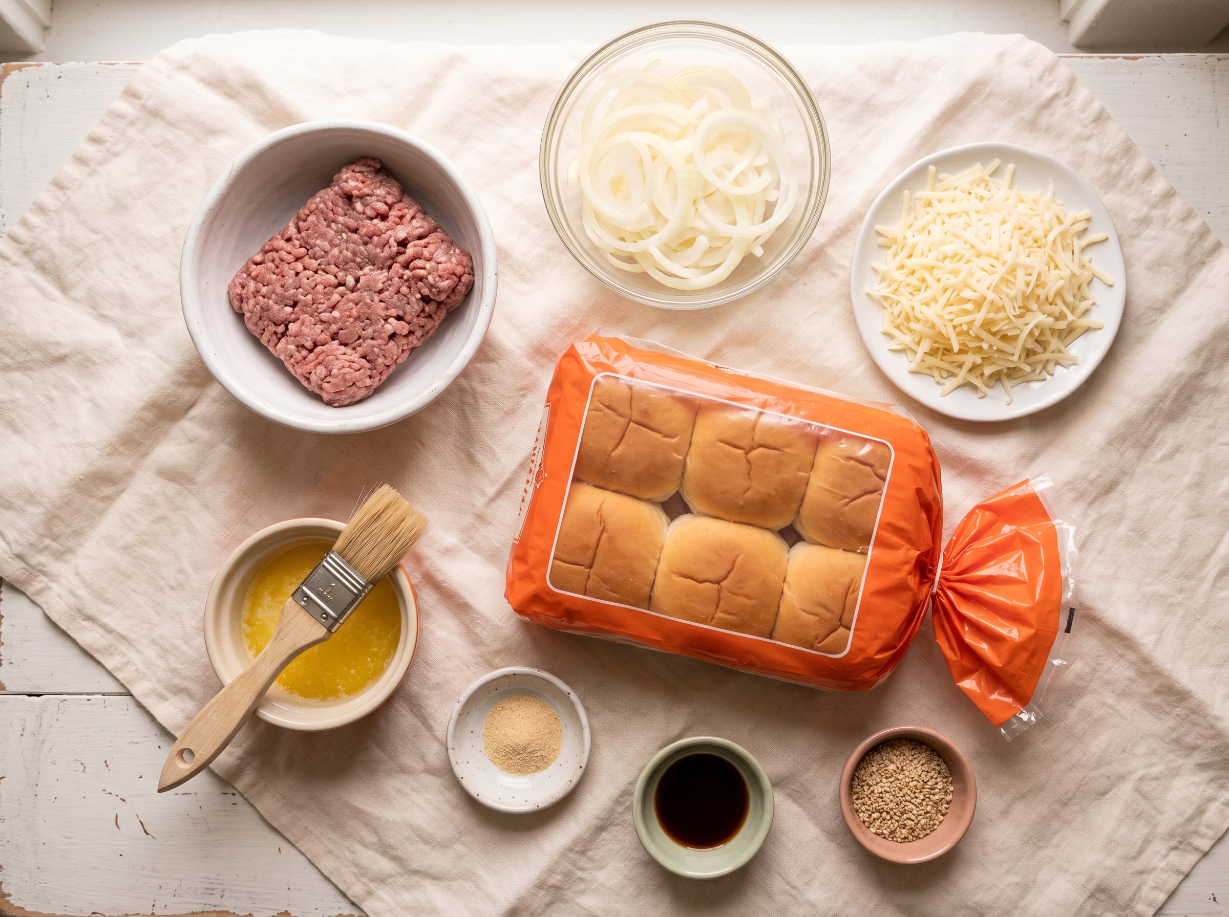 Ingredients for French onion beef sliders arranged on cream surface: ground beef, sliced onions, Gruyère cheese