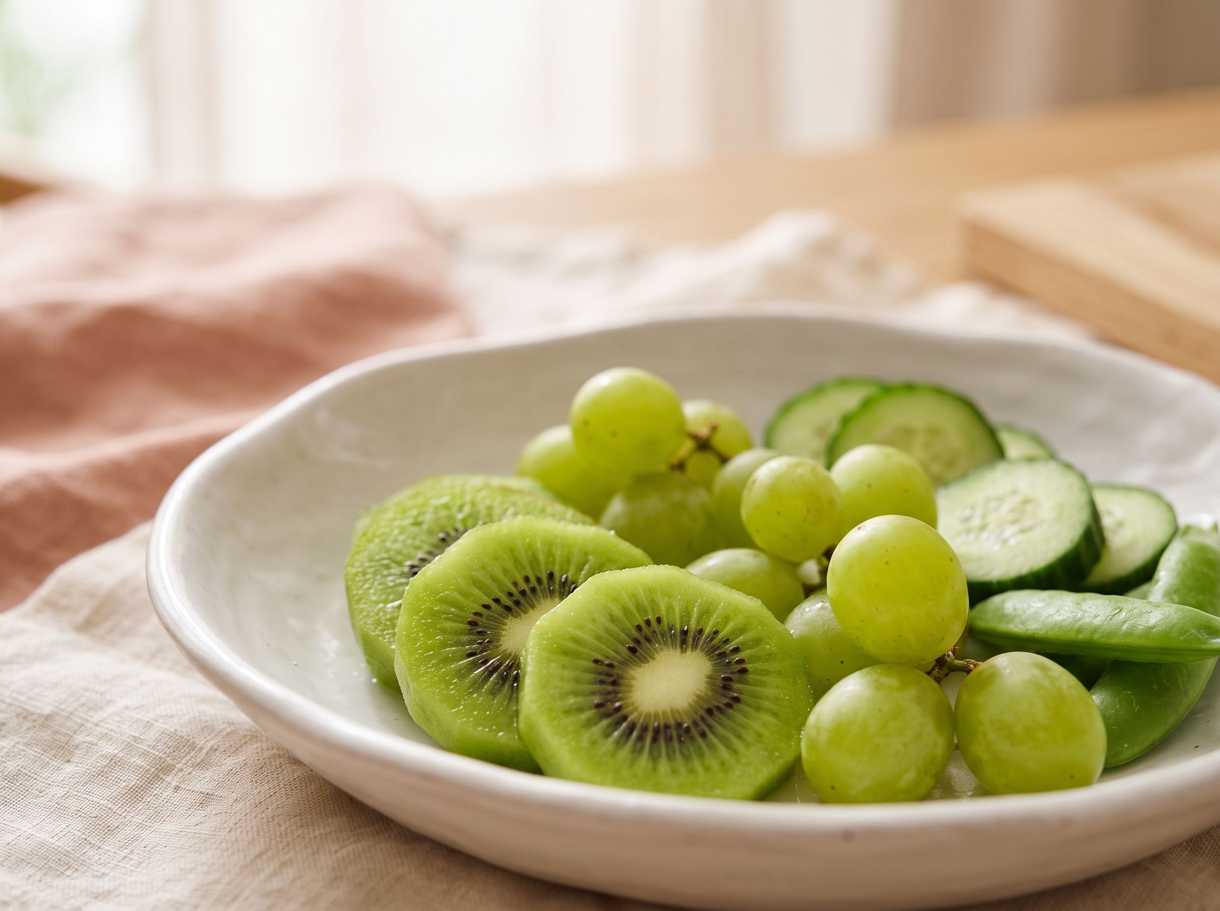 Close-up of sliced kiwi, green grapes, and cucumber rounds arranged on a white plate