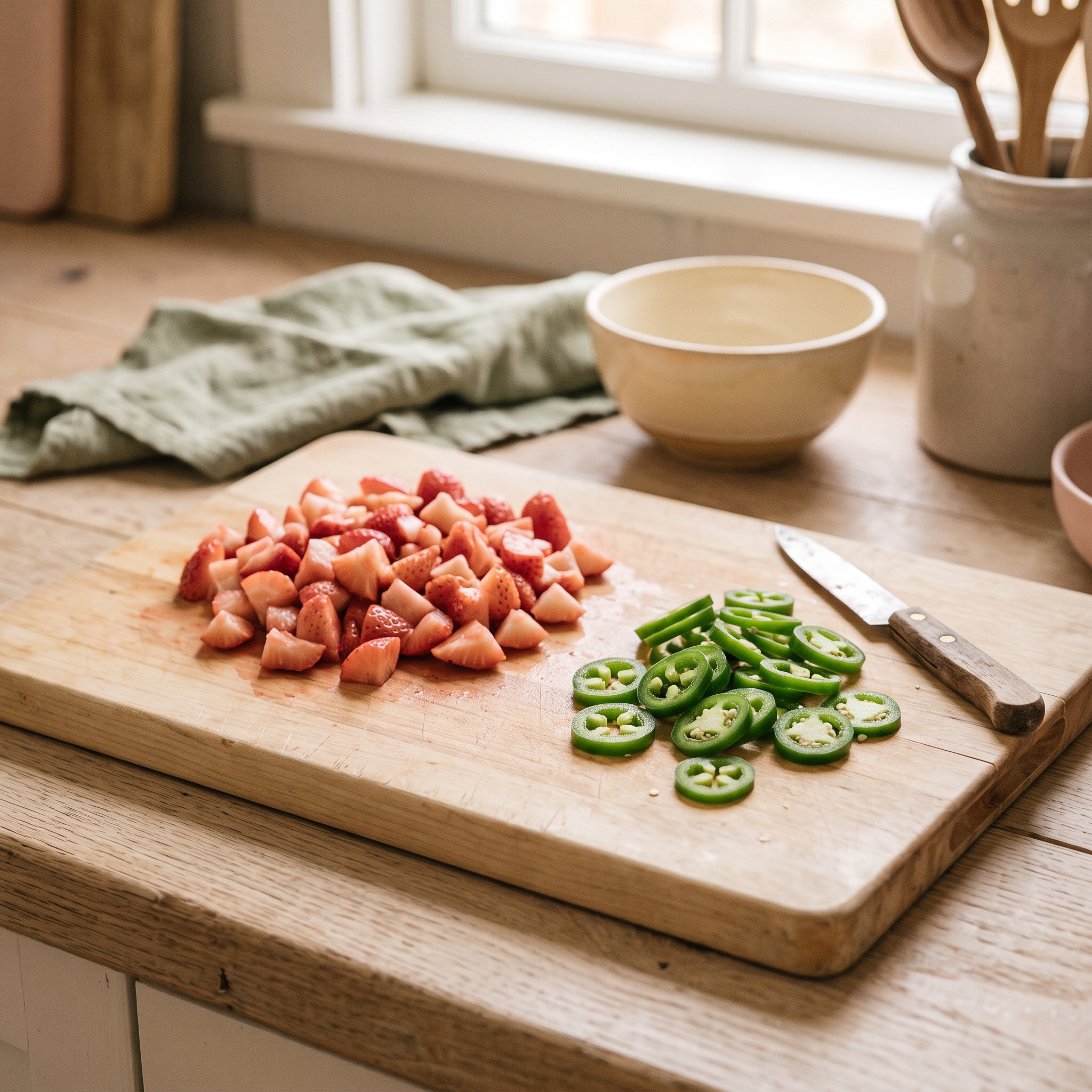 Fresh hulled strawberries and sliced fresh jalapeños arranged on a light wooden cutting board with a small knife