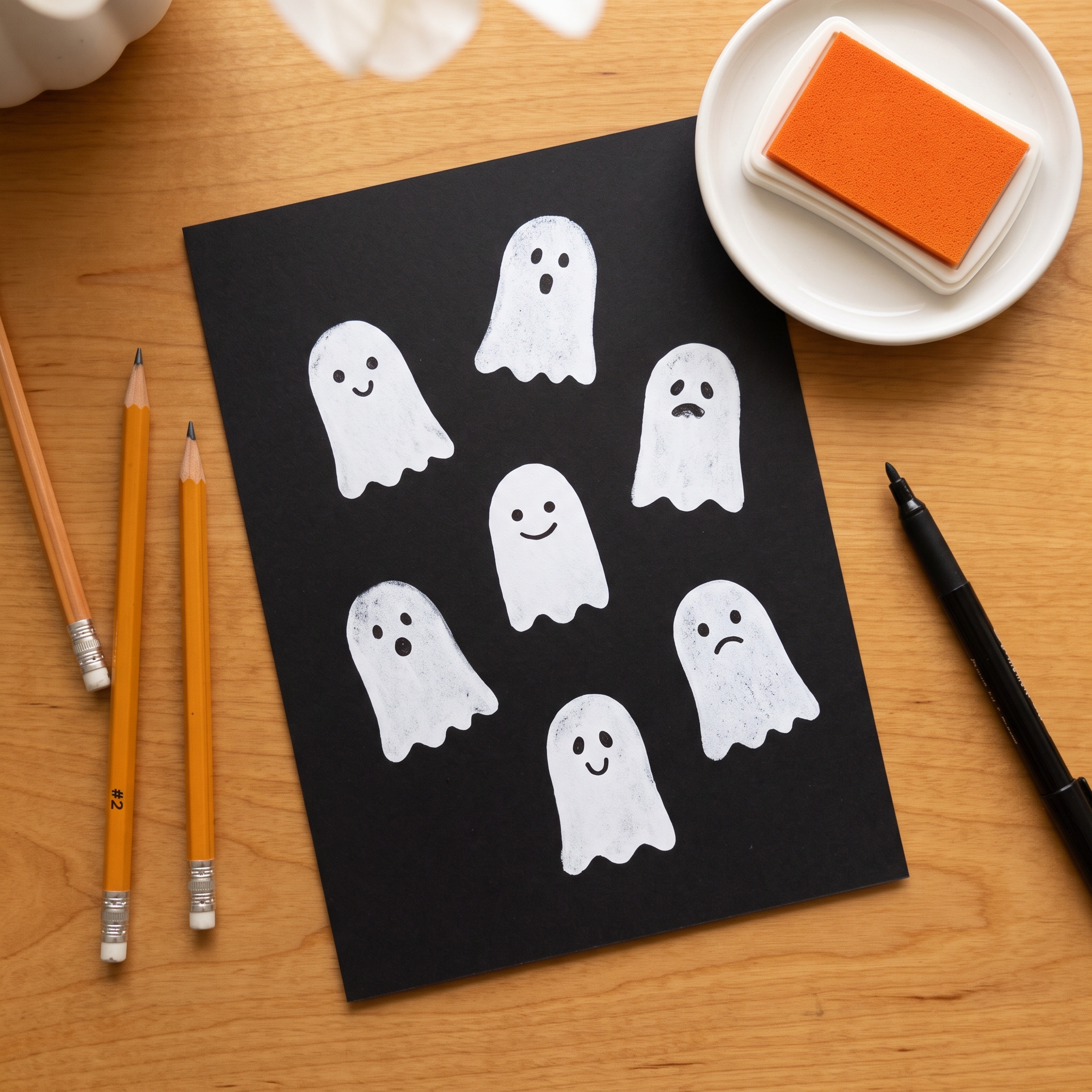 Overhead view of completed ghost eraser stamp art on black cardstock with white ghost stamps and marker faces arranged