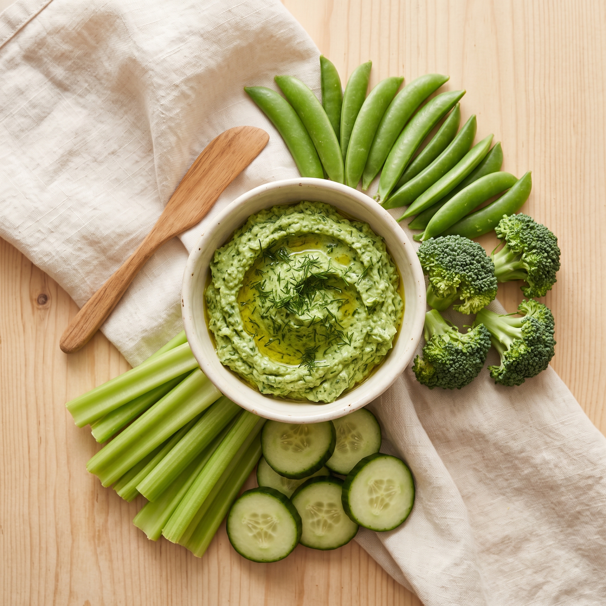 Overhead shot of a white bowl of green dip surrounded by snap peas, celery sticks, and cucumber on a light wood surface