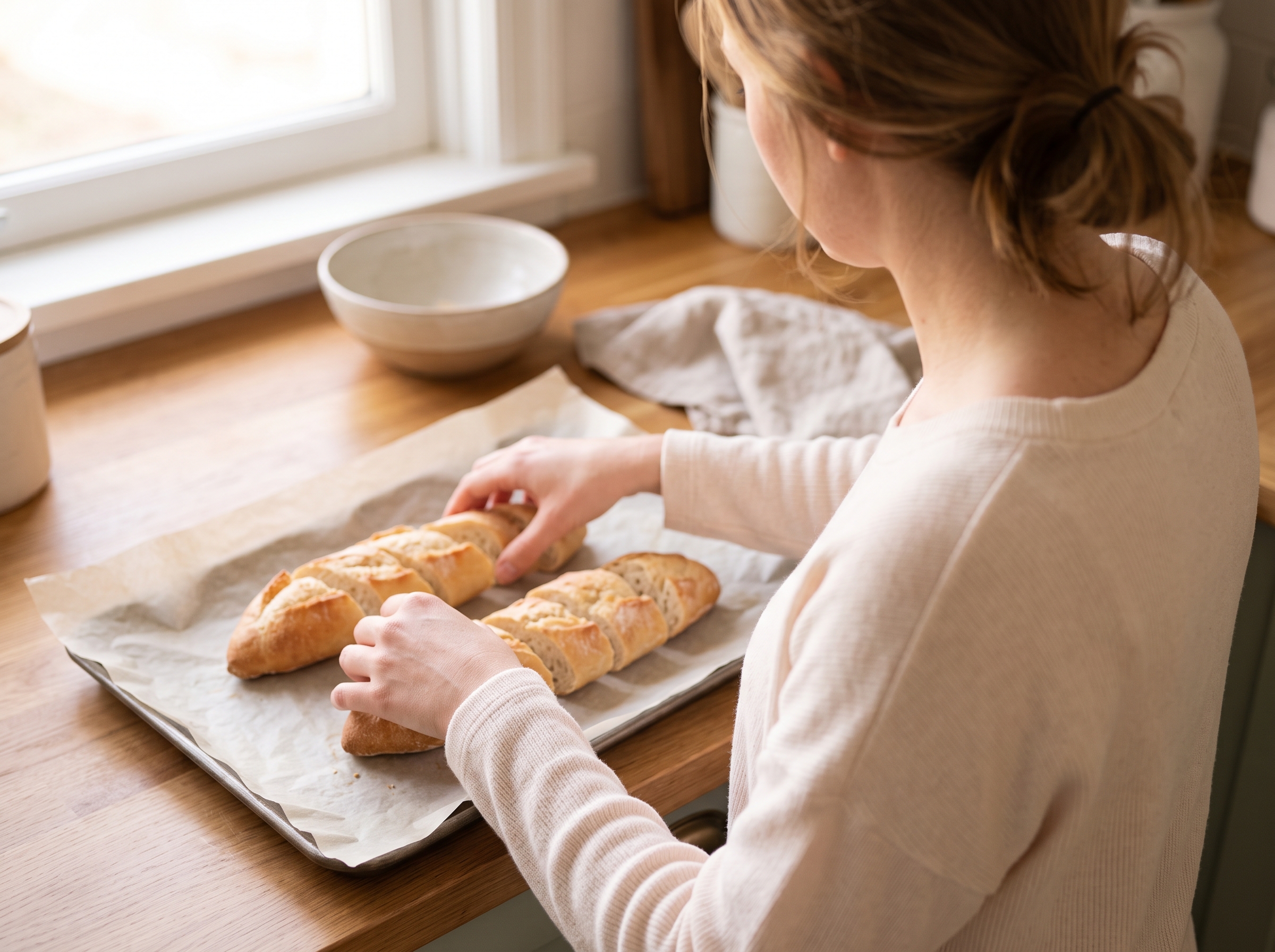 Hands placing French bread slices on baking sheet for toasting