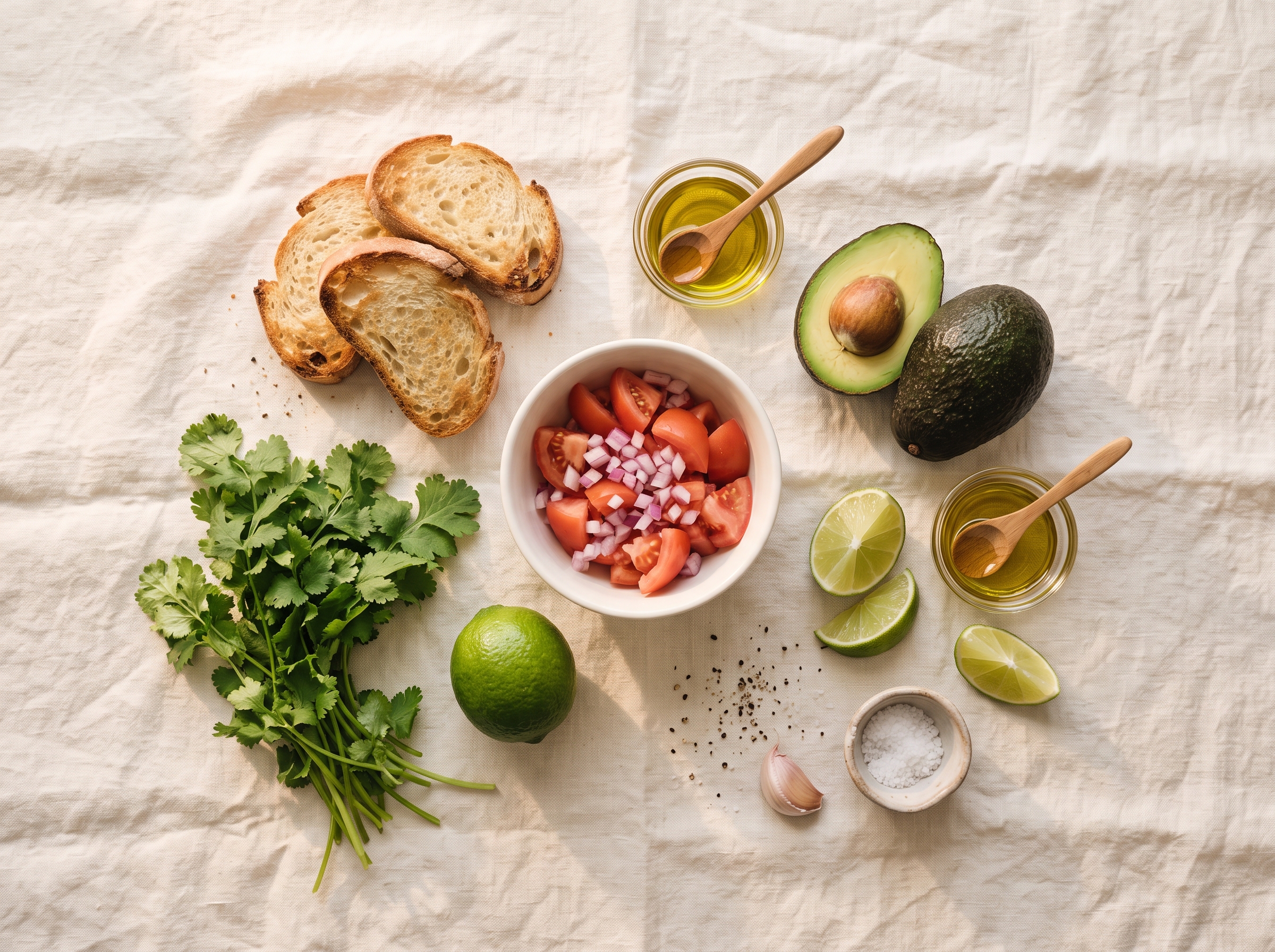 Ingredients for guacamole bruschetta: avocados, tomatoes, cilantro, lime, bread, and olive oil arranged on light surface