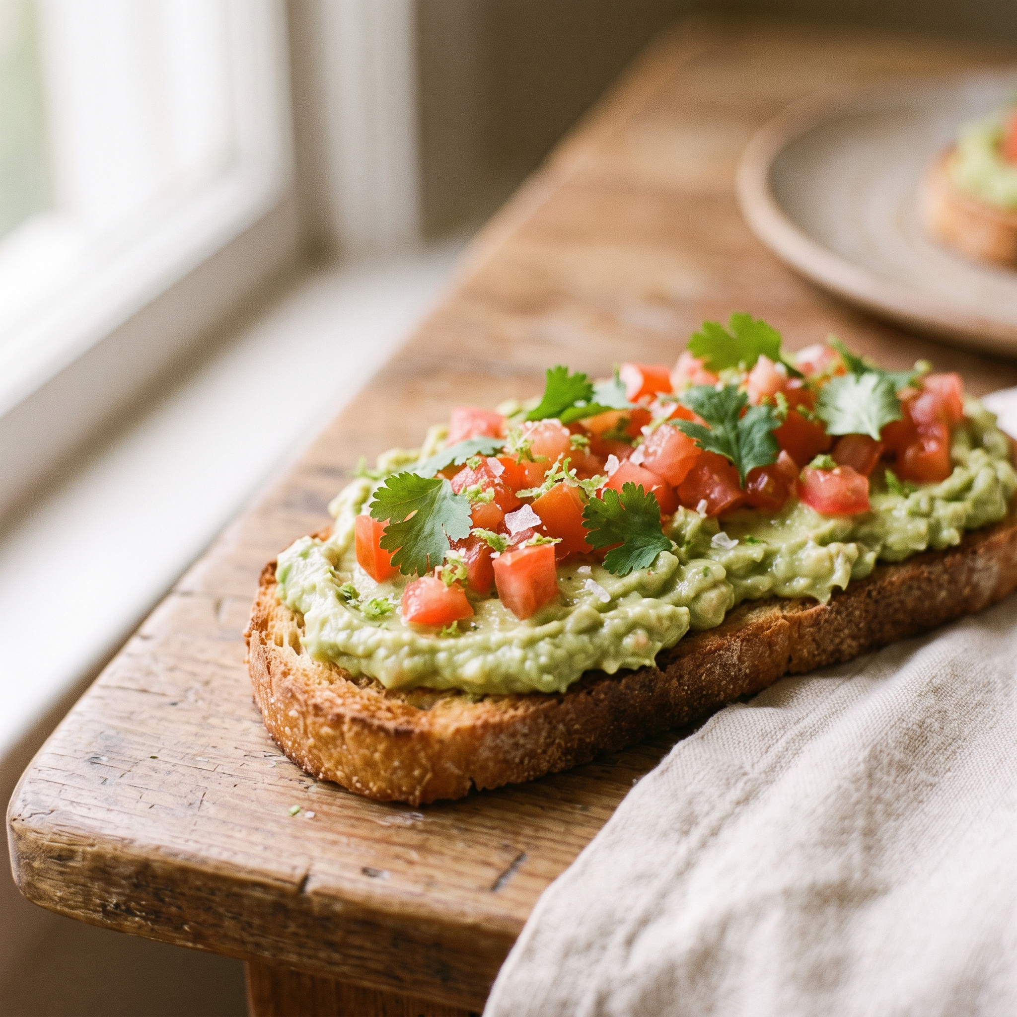 Single guacamole bruschetta with creamy avocado, diced tomato, and cilantro on crispy toast