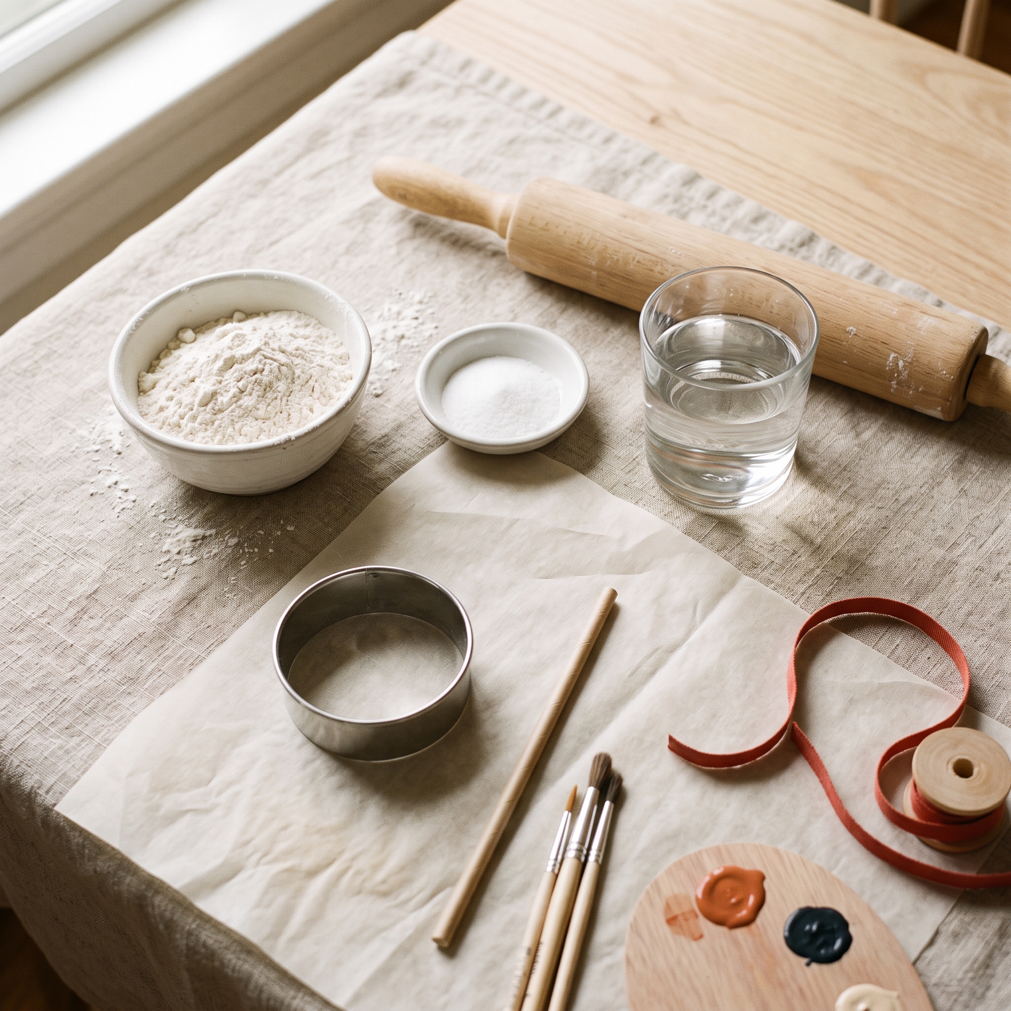 Salt dough ingredients and craft supplies arranged on cream surface: flour, salt, water, cookie cutter, straw, paint, brush