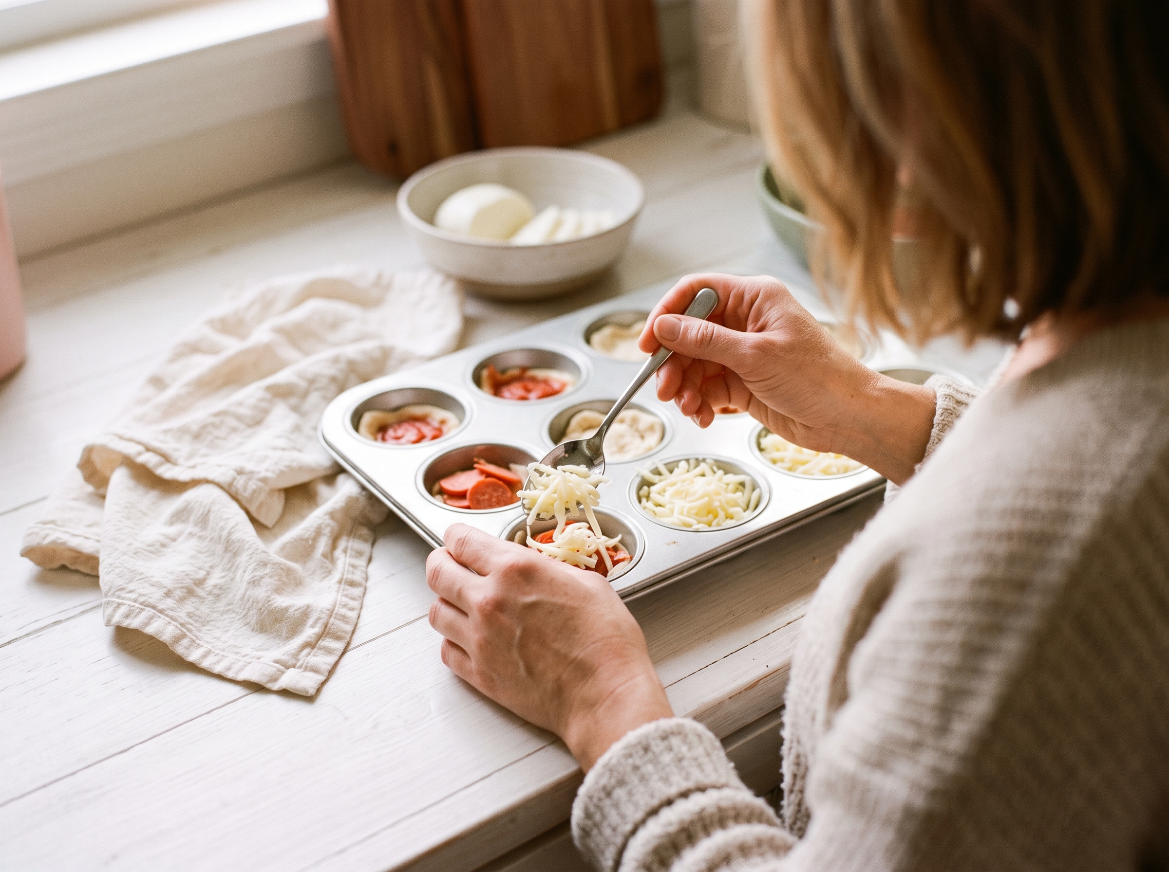 Hands from behind filling muffin tin cups with cheese and toppings for mini pizza cups in warm kitchen light