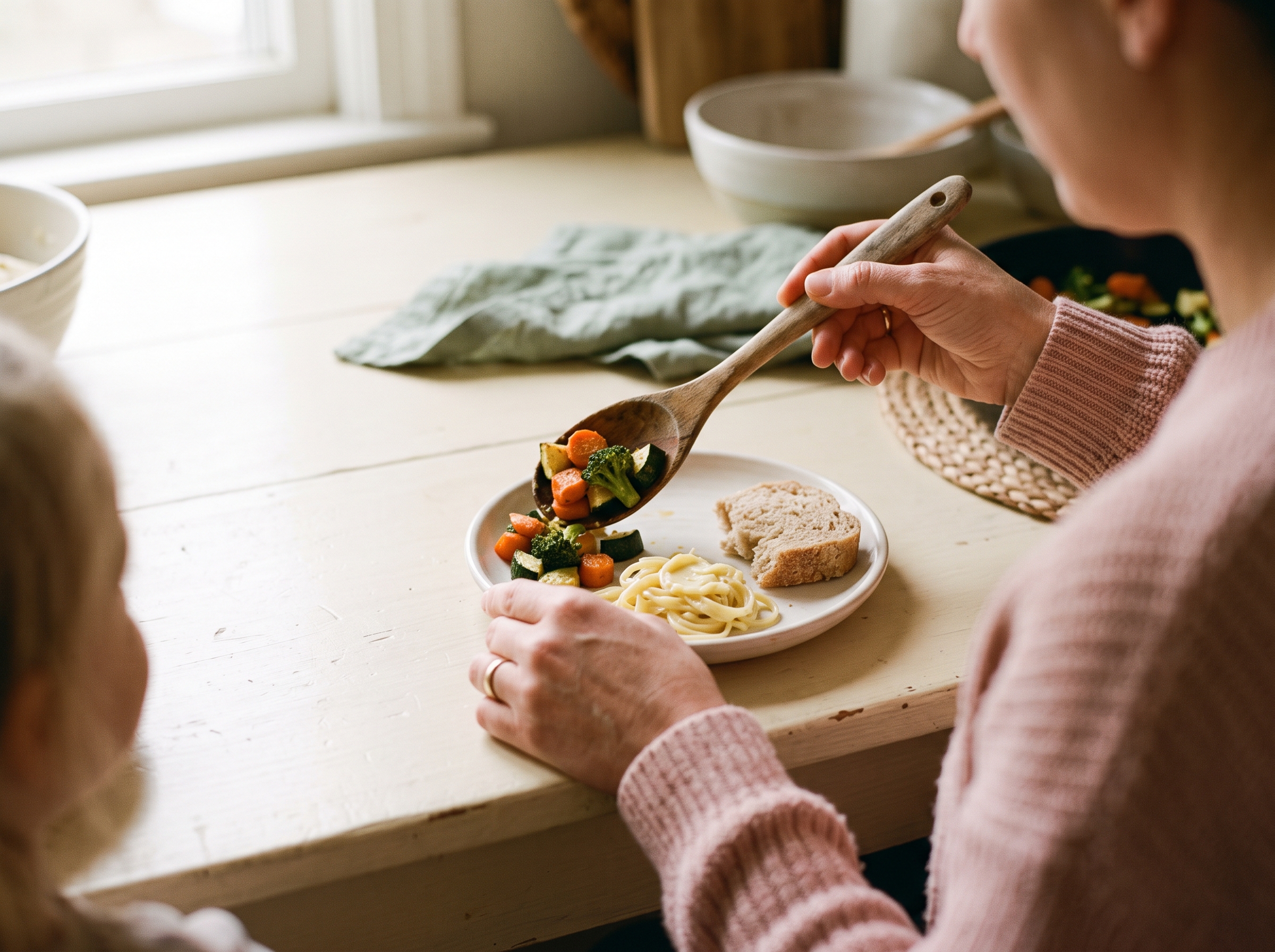 Adult hands serving roasted vegetables and pasta onto a child's plate at a wooden table
