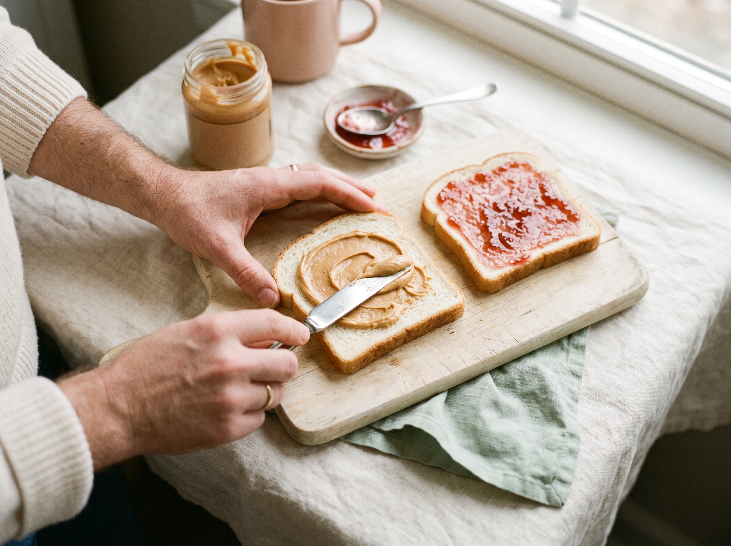 Hands spreading creamy peanut butter and jelly on bread slices with a knife