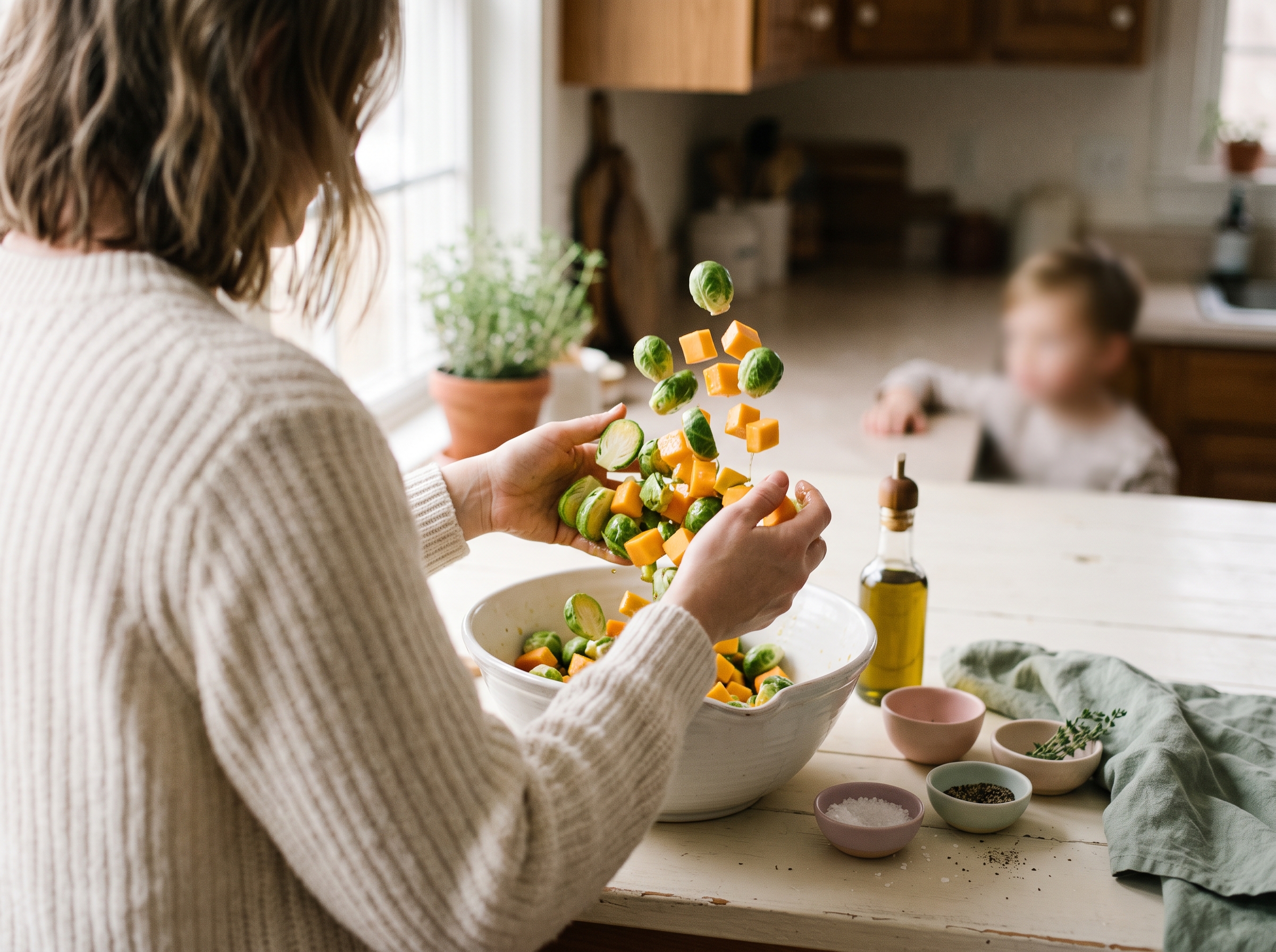 Hands tossing halved brussels sprouts and butternut squash cubes with olive oil and seasonings in a large bowl