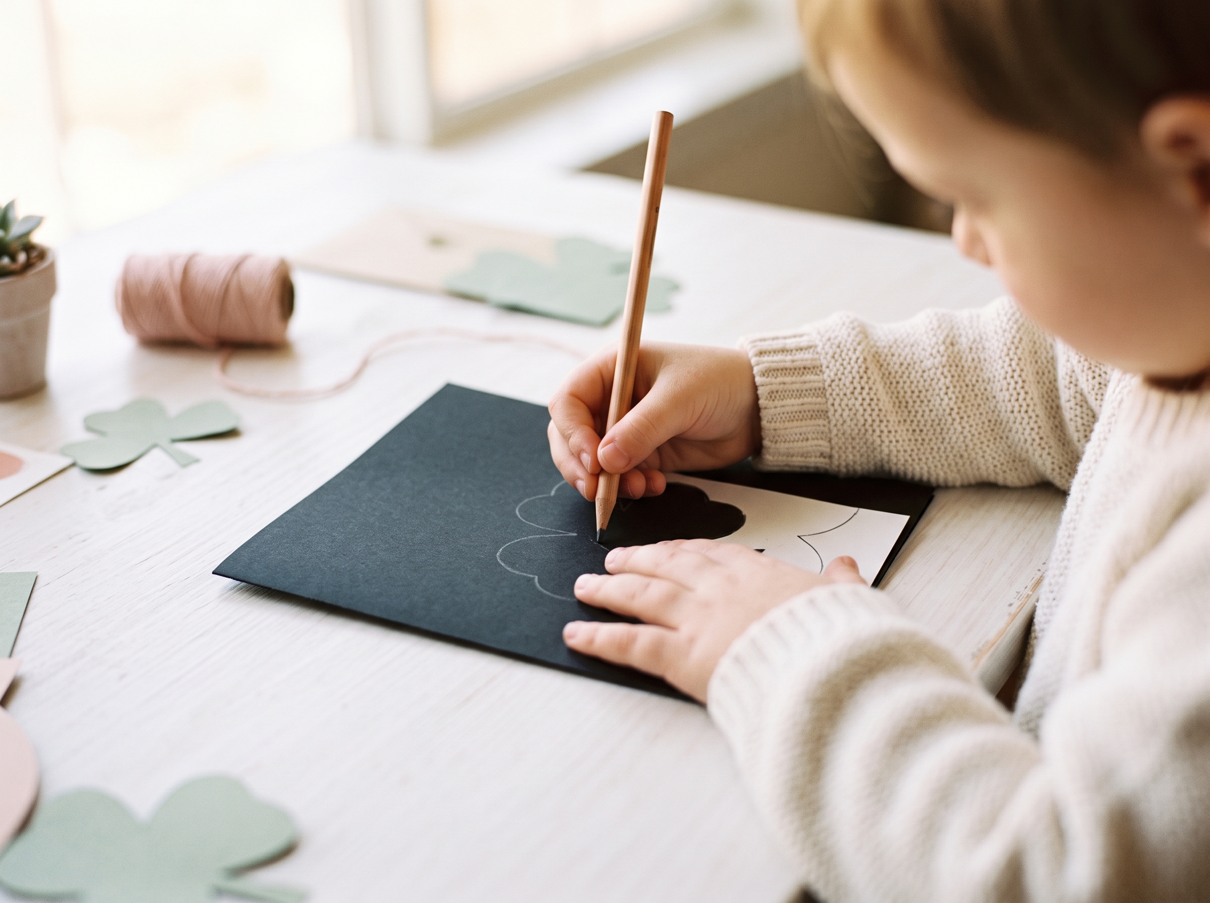 Child's hands tracing a shamrock template onto black cardstock with a pencil