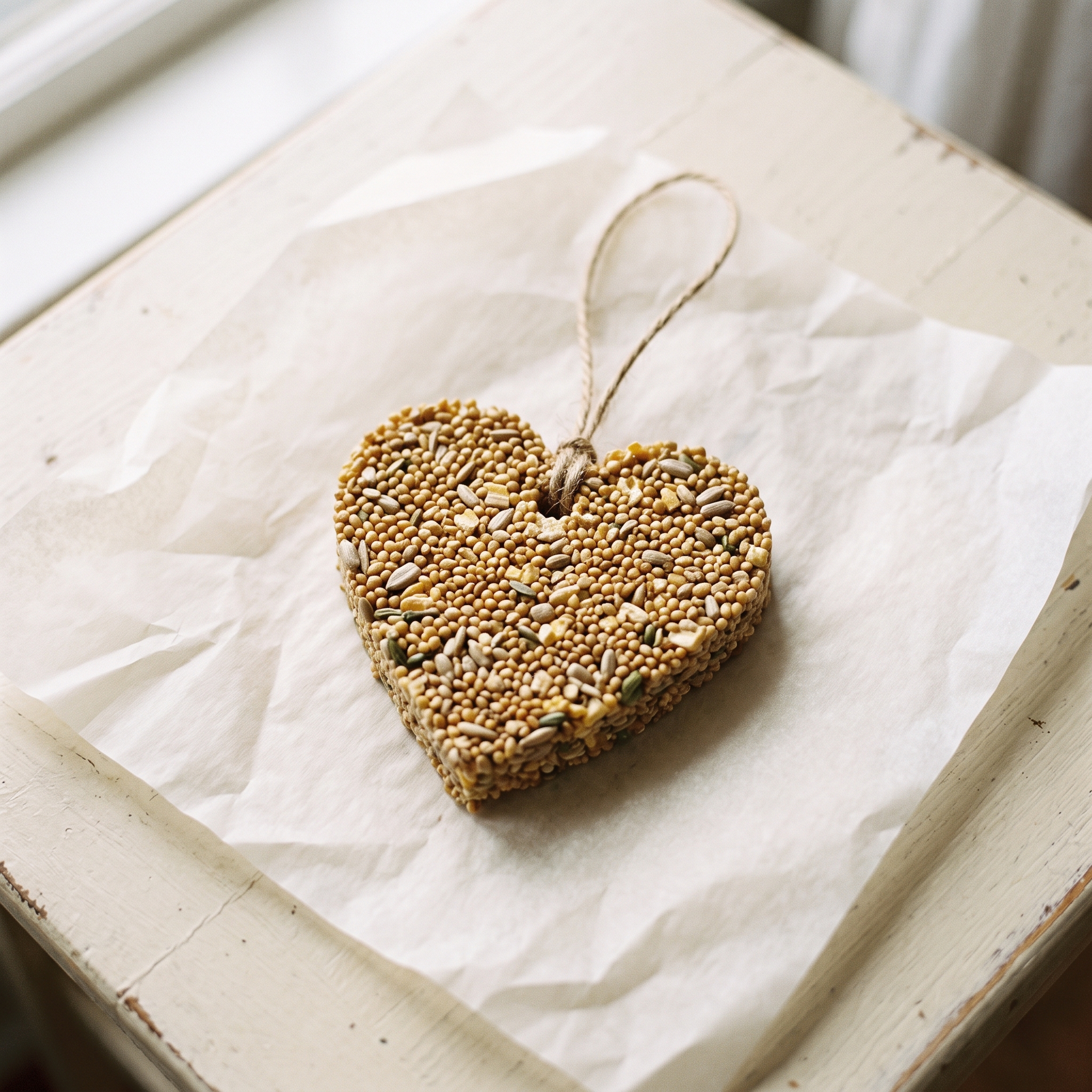 Freshly molded heart bird feeder with twine looped through the top hole, resting on parchment paper before drying