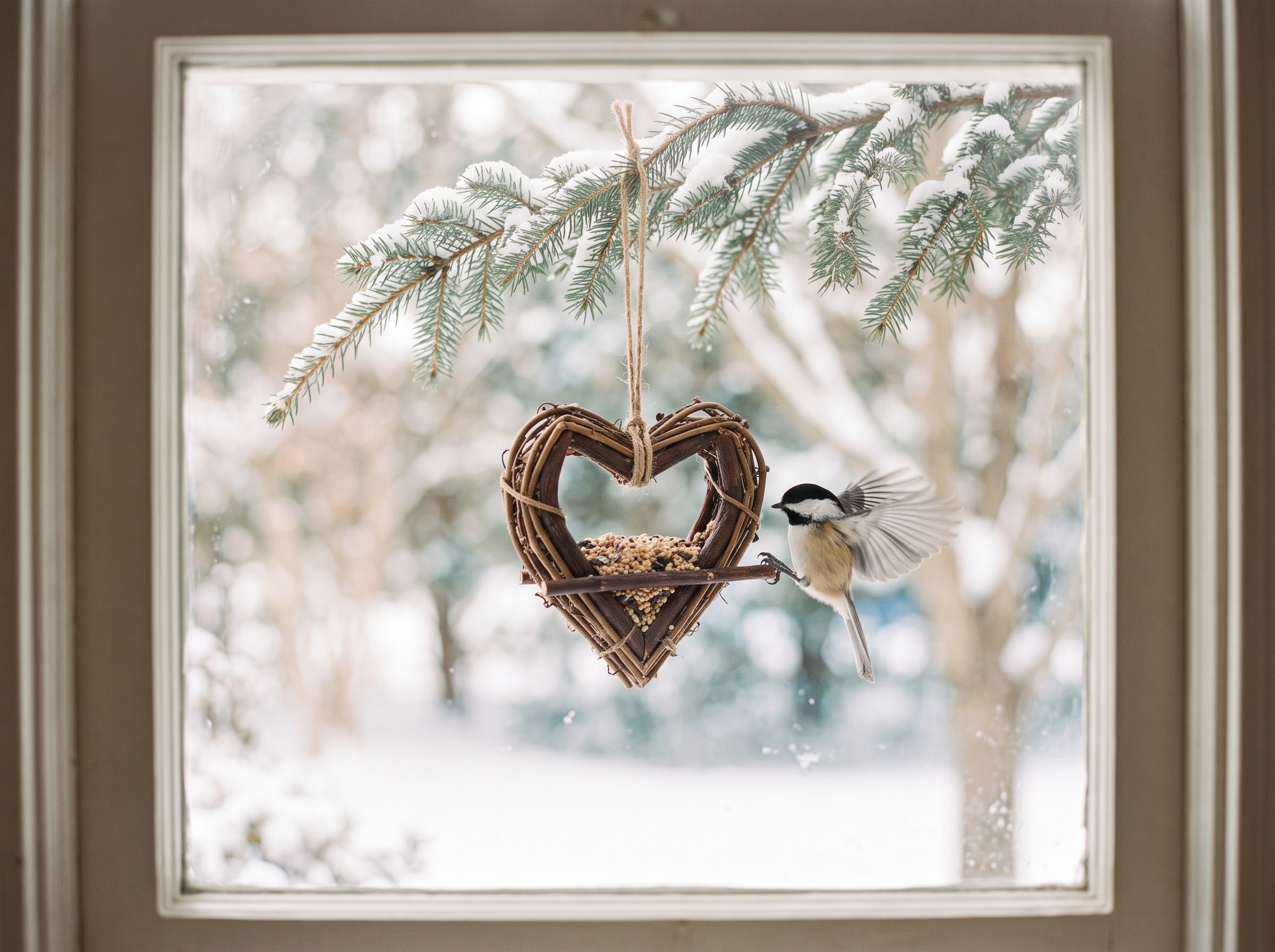 Heart-shaped bird feeder hanging from a snowy evergreen branch outside a window, small bird approaching