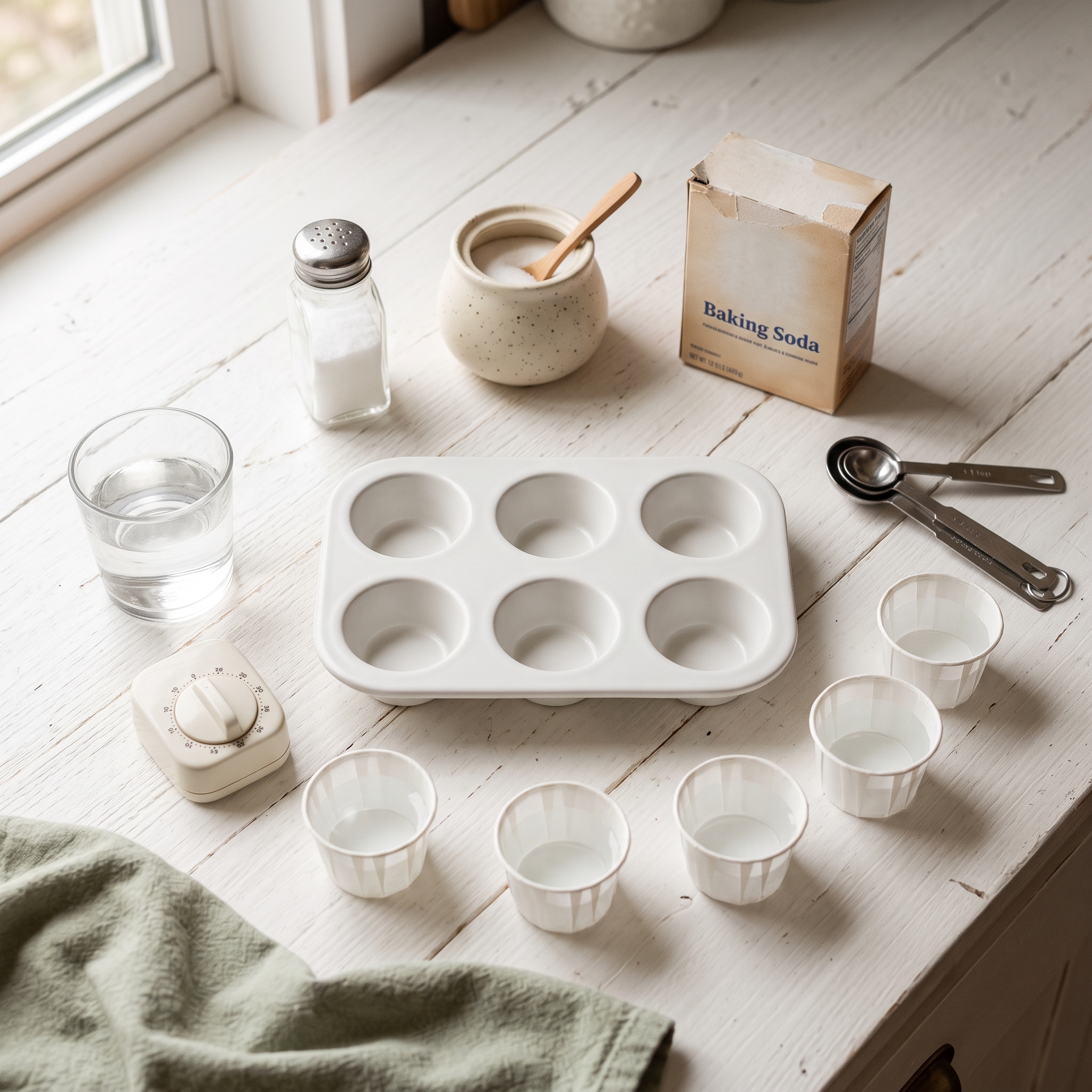 Flat lay of muffin tin, salt shaker, sugar bowl, baking soda box, measuring spoons