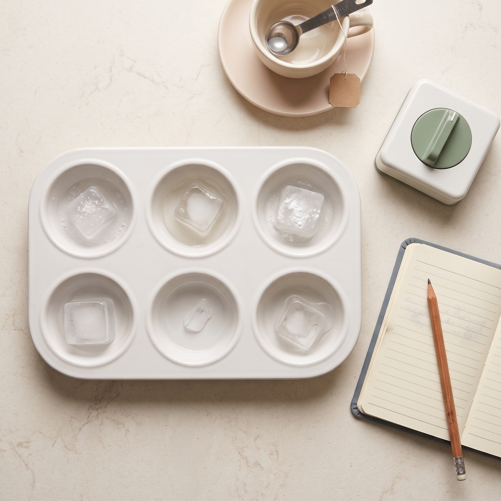 Overhead view of six ice cubes at different melt stages in a white muffin tin with observation notebook nearby