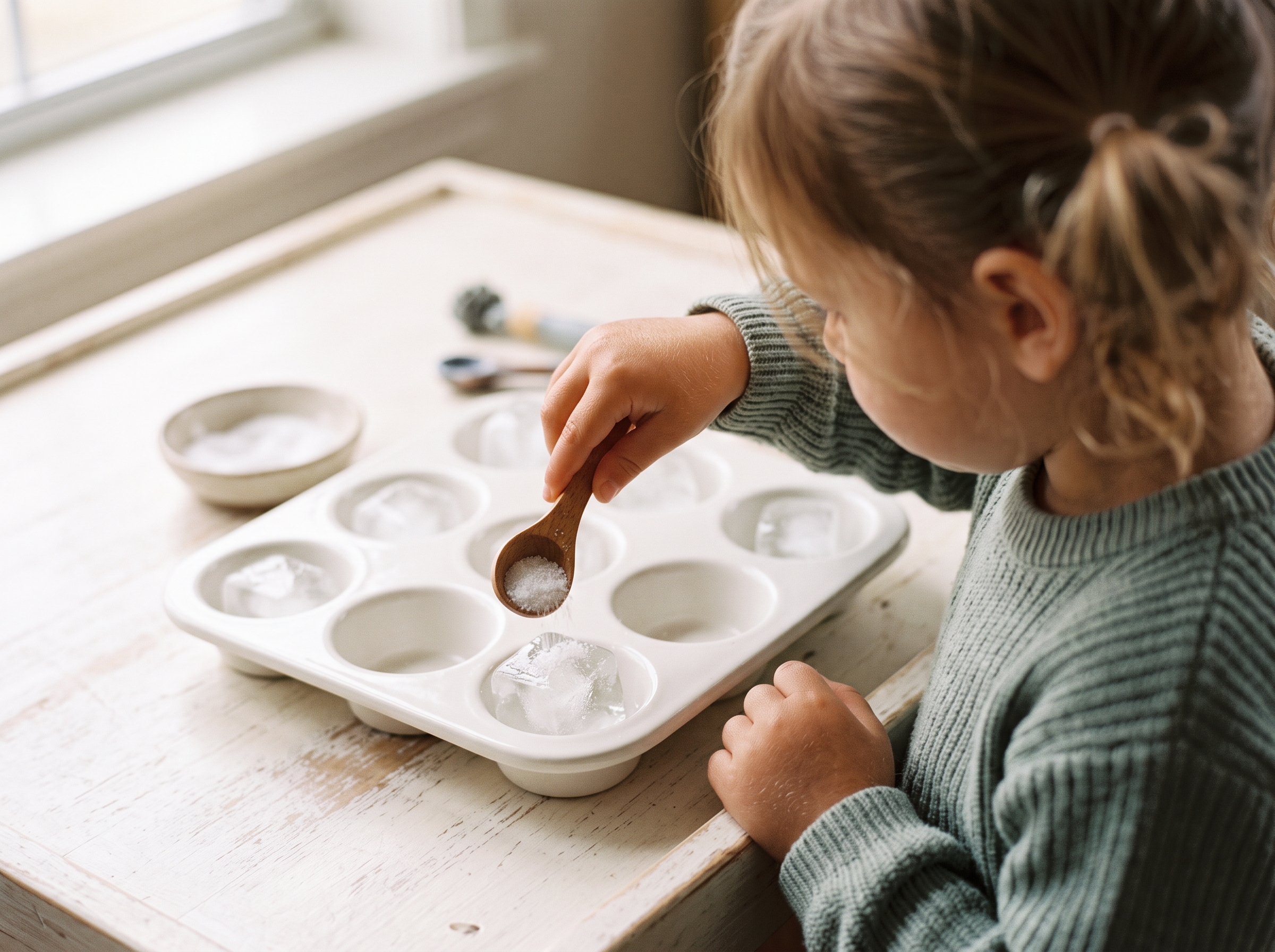 Child's hands sprinkling table salt onto an ice cube in a white muffin tin during the experiment