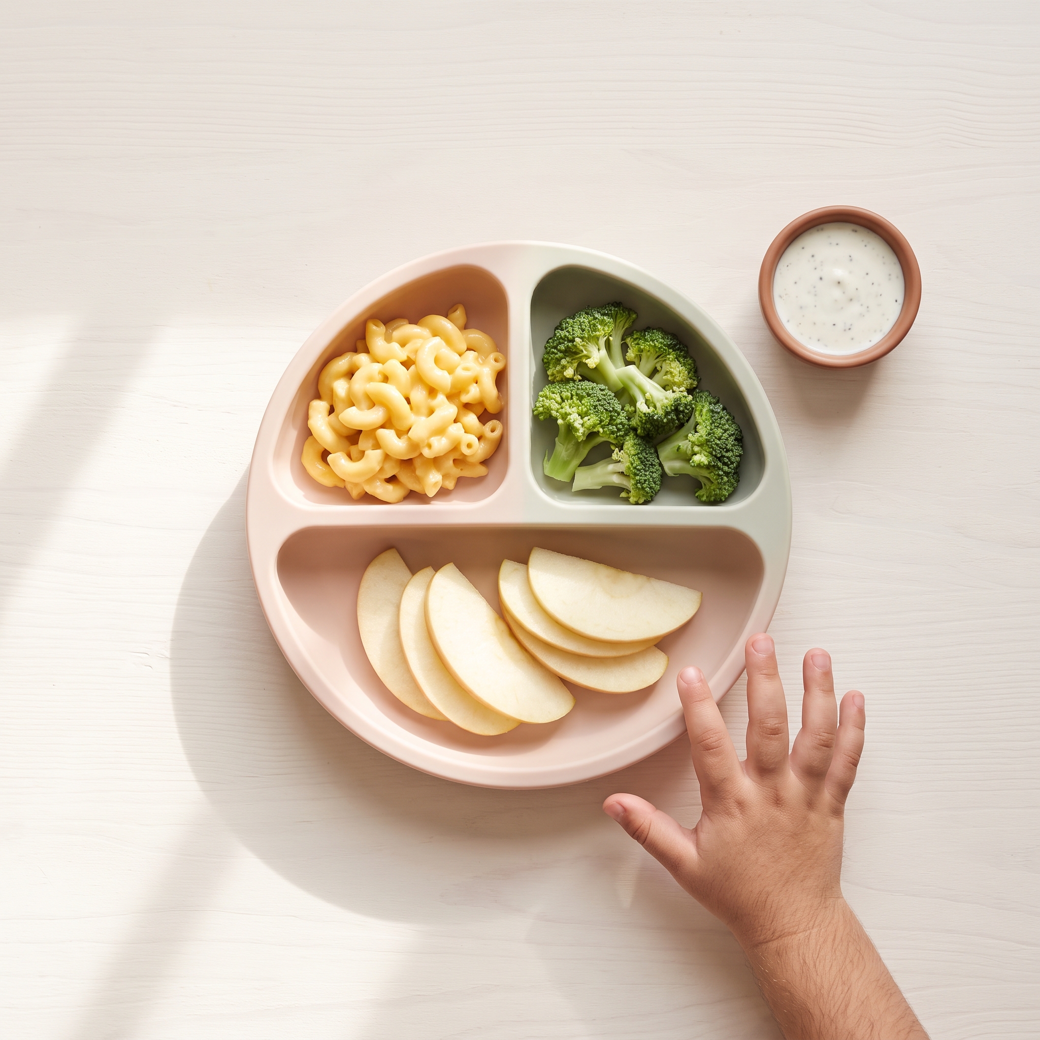 Flatlay of a divided kids' plate with mac and cheese, steamed broccoli, and sliced apple on soft ceramic