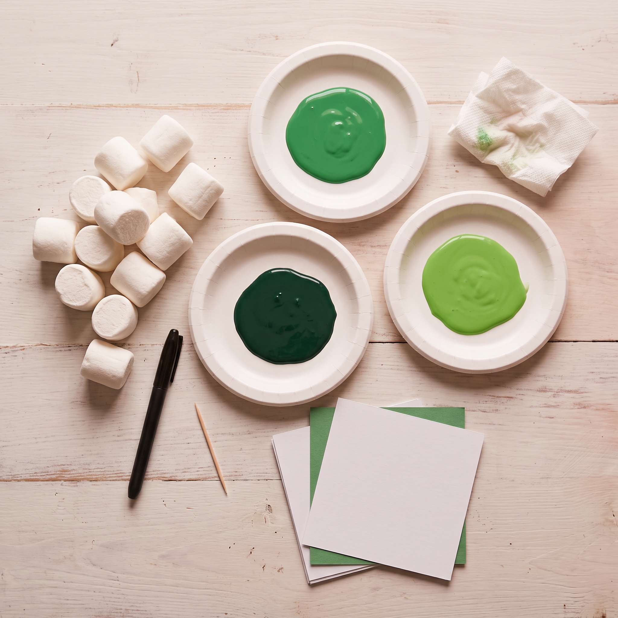 Craft supplies arranged on white surface: large marshmallows, green paint in small dishes, white cardstock, markers