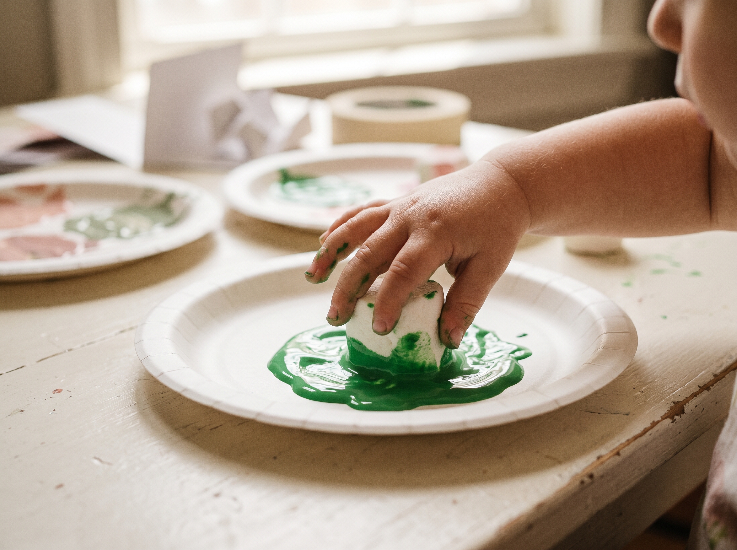 Child's hand pressing a large marshmallow into green paint on a paper plate, ready to stamp