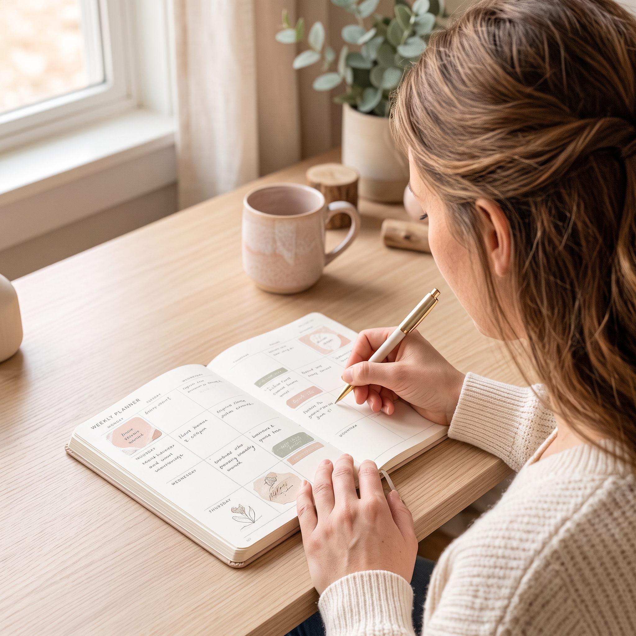 Woman's hands writing in planner with pen, viewed over shoulder, soft natural light on desk