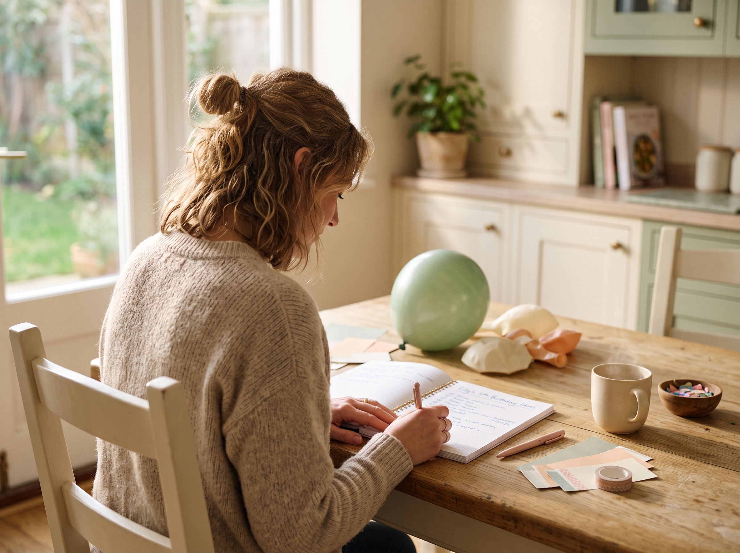 Parent from behind at a kitchen table with party planning notebook, balloons, and decorations visible