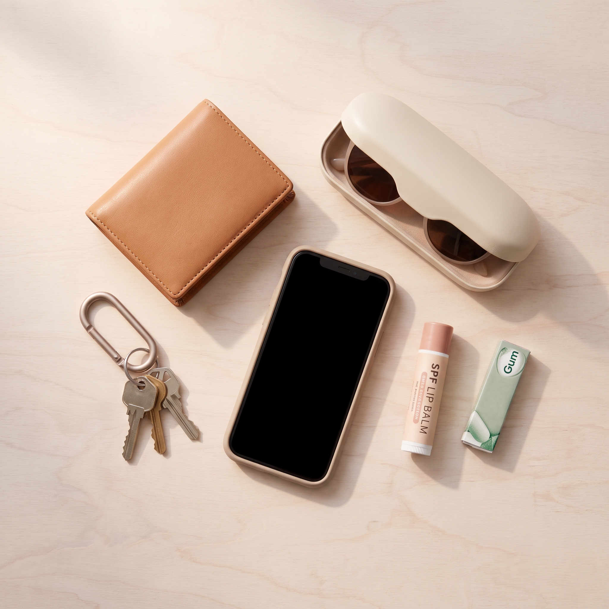 Wallet, keys with carabiner, smartphone, sunglasses in hard case, SPF lip balm, and gum arranged on soft white wooden surface