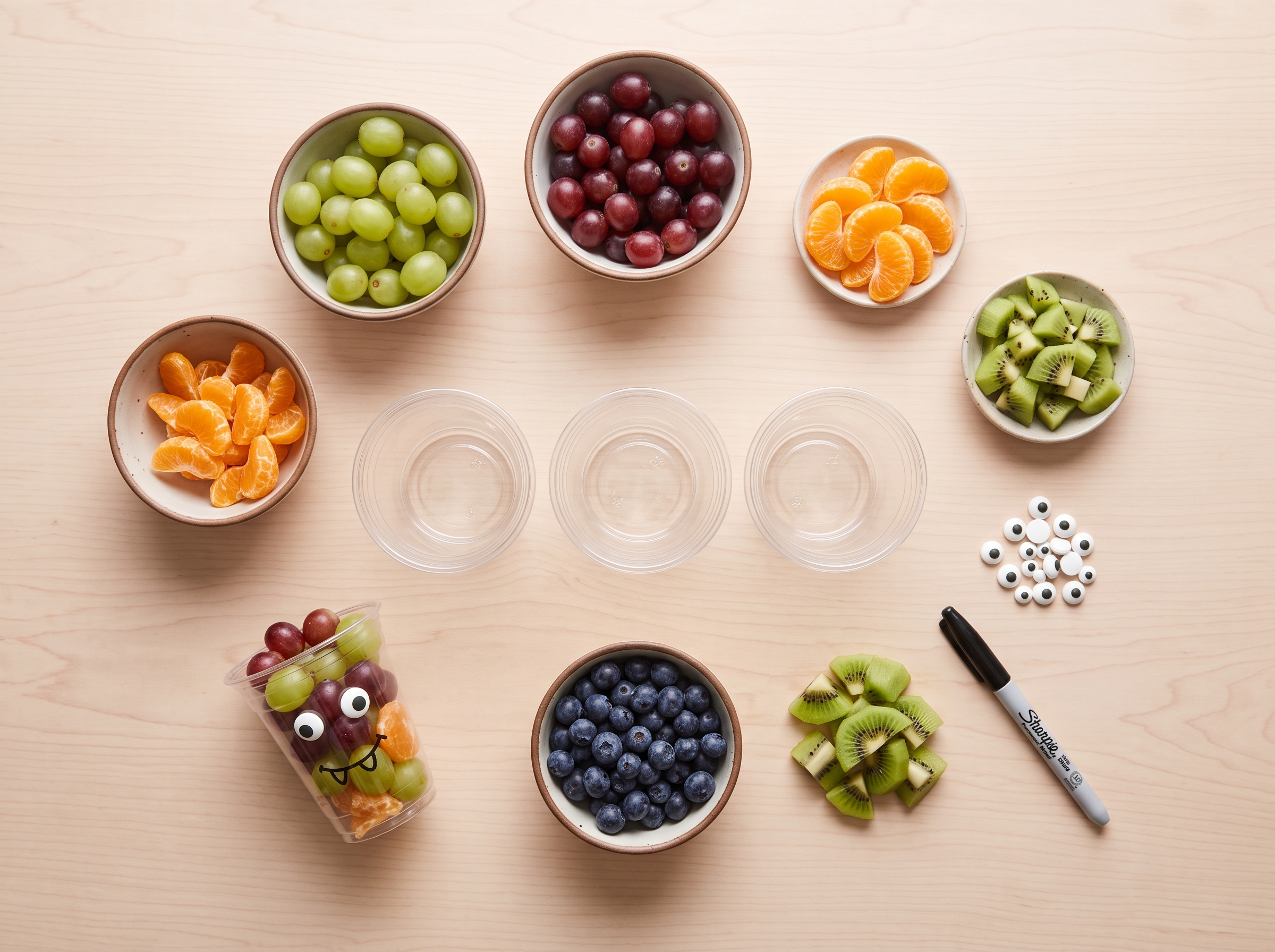 Flatlay of fruit cups assembly station with clear cups, fresh fruit, candy eyes, and marker ready to decorate