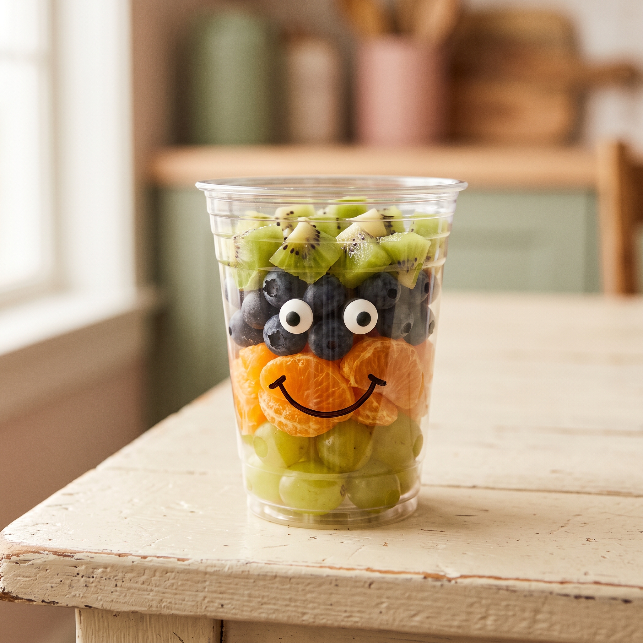 Close-up of a single monster fruit cup showing layers of green grapes, orange segments, blueberries, and kiwi