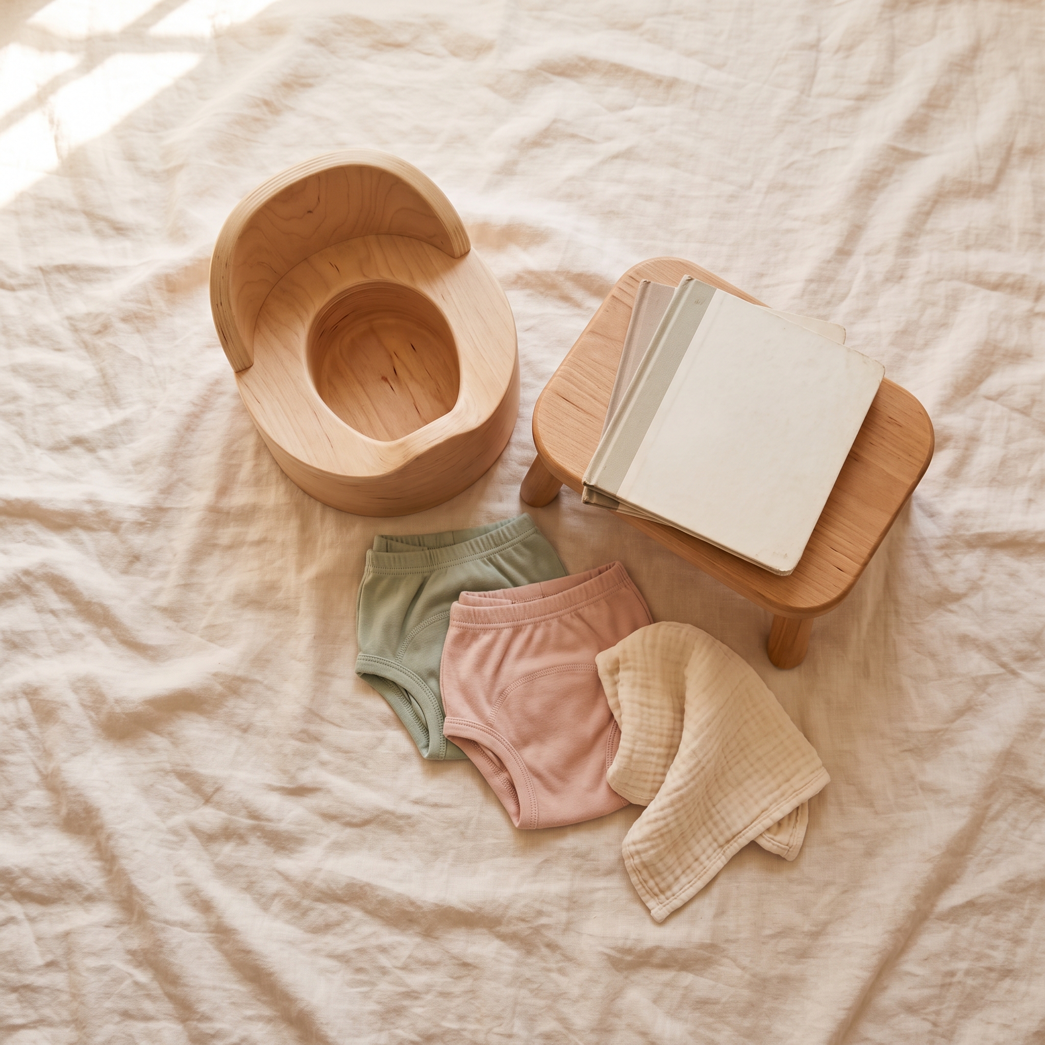 Overhead view of Montessori toilet learning items: small potty, training pants, step stool