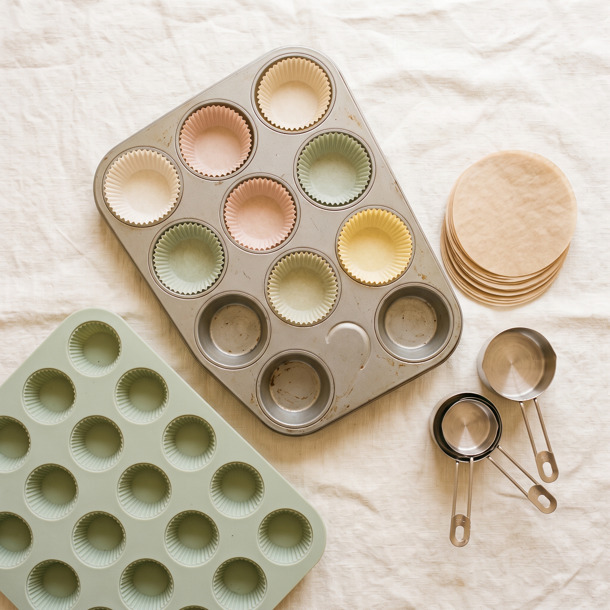 Flat-lay of muffin tin baking supplies including metal and silicone pans, parchment liners