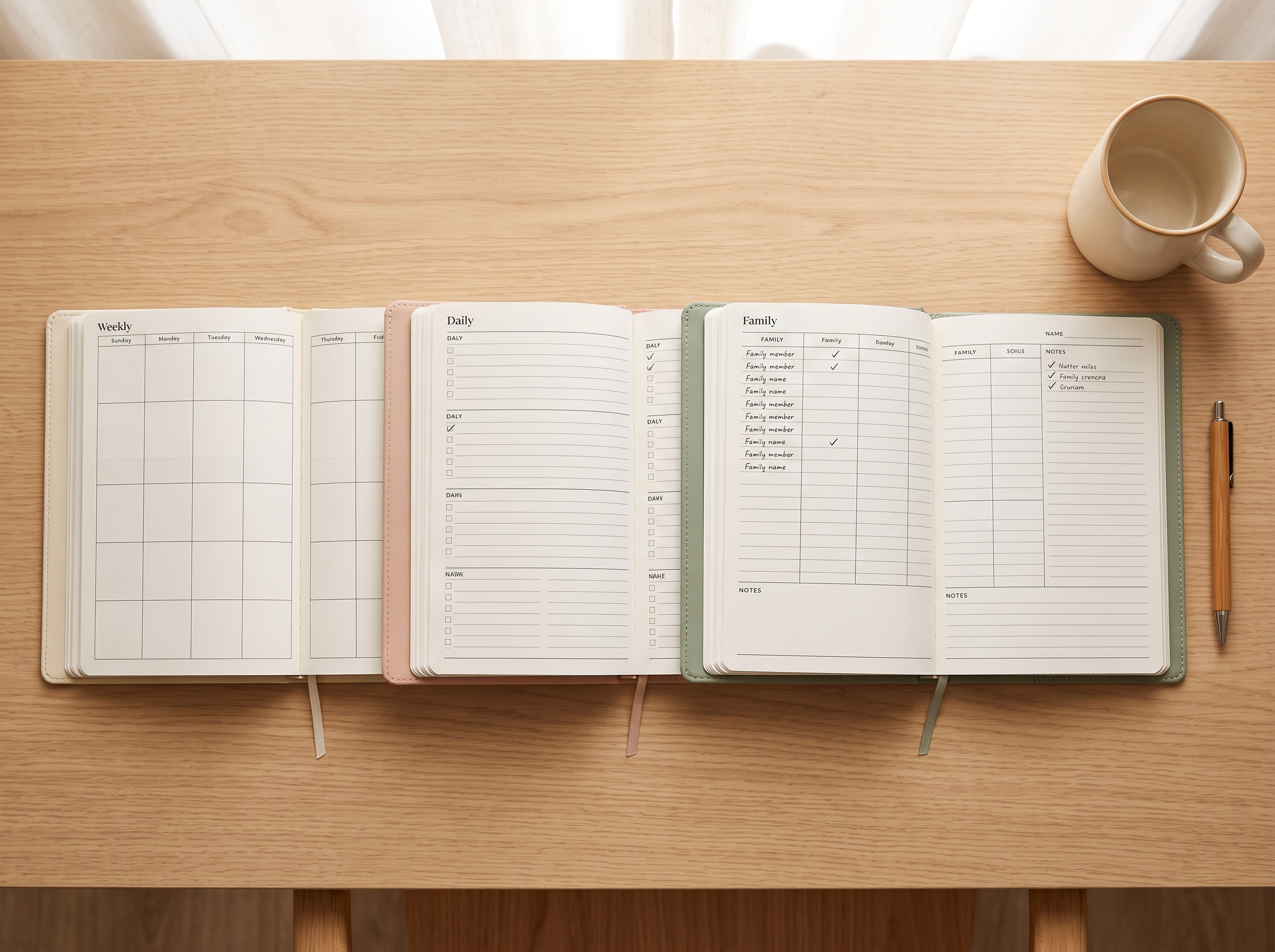 Three open planners displayed side-by-side on light wood table showing different layouts and designs