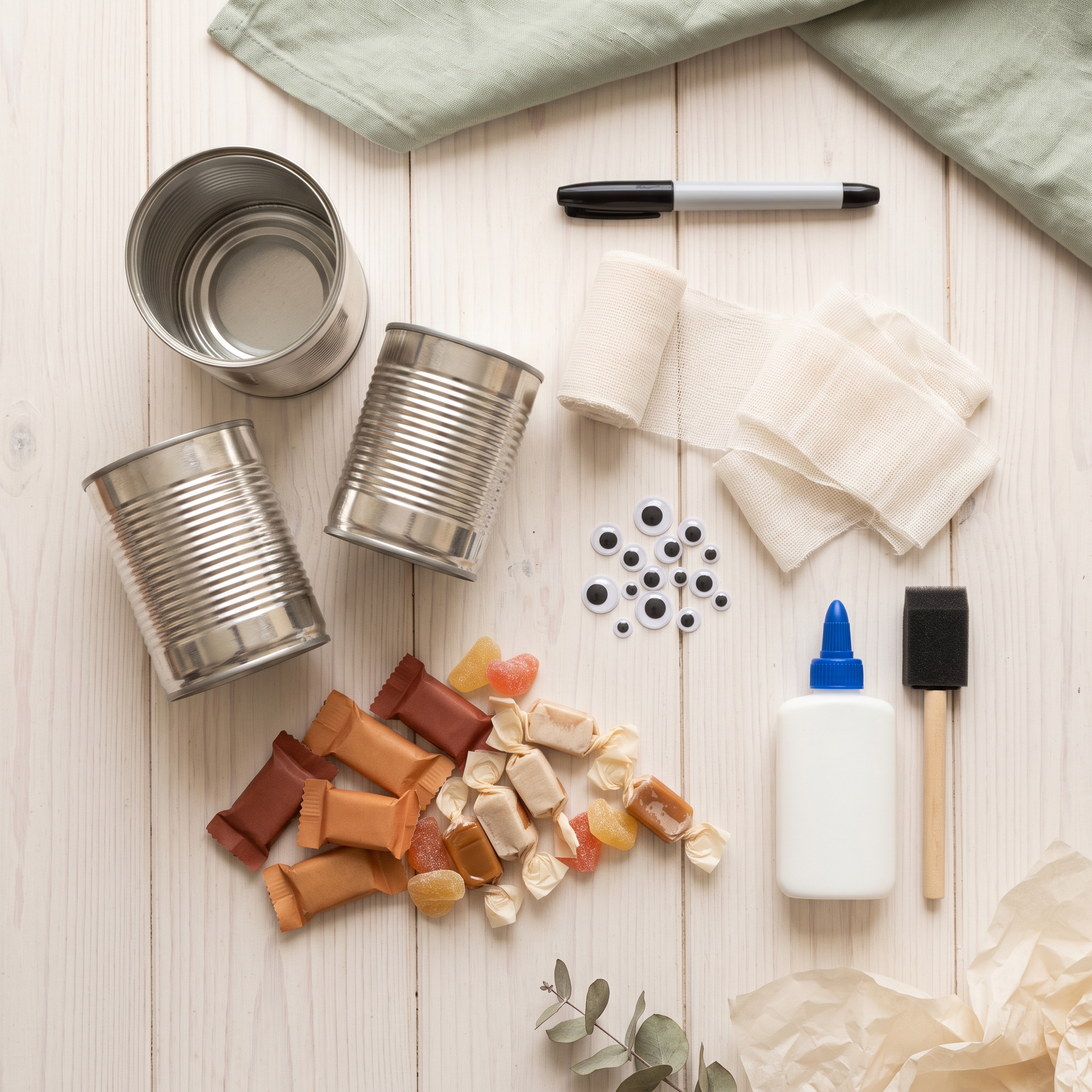Craft supplies for mummy cans arranged on white surface: empty tin cans, white gauze strips, googly eyes, black marker